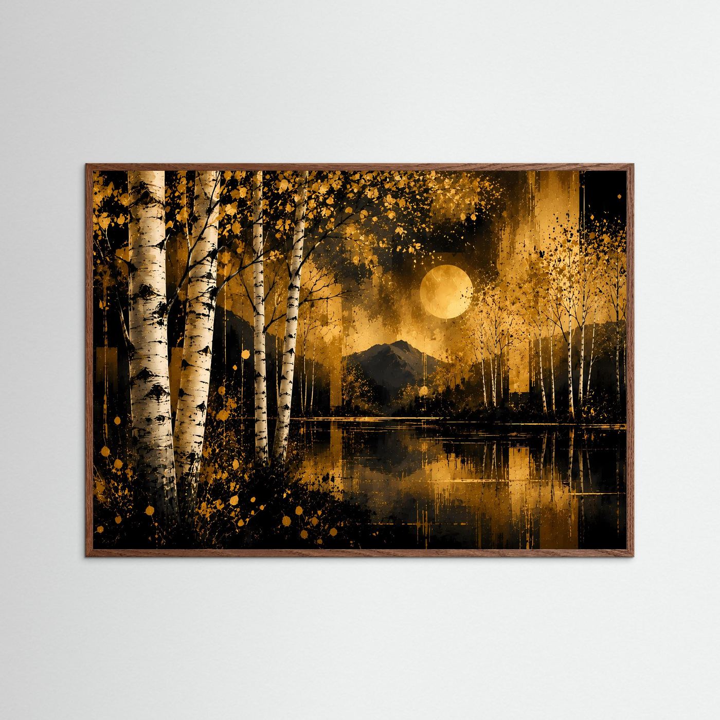 Querformatiges Poster mit abstraktem Wald und See, goldene Sonne im Holzrahmen