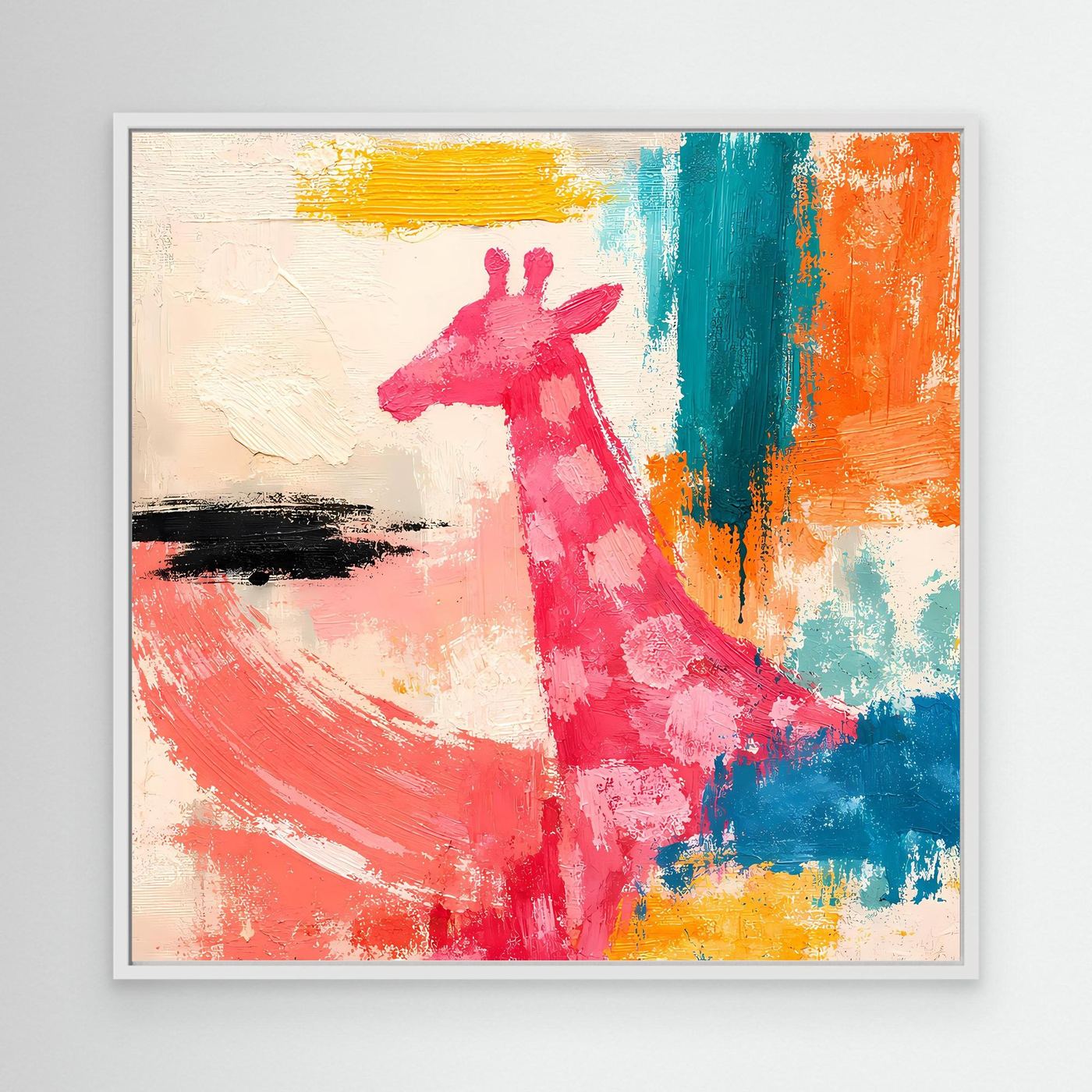 Leinwand-Wandbild mit abstrakter Giraffe im Pop-Art-Stil, pinke Figur mit weißem Rahmen