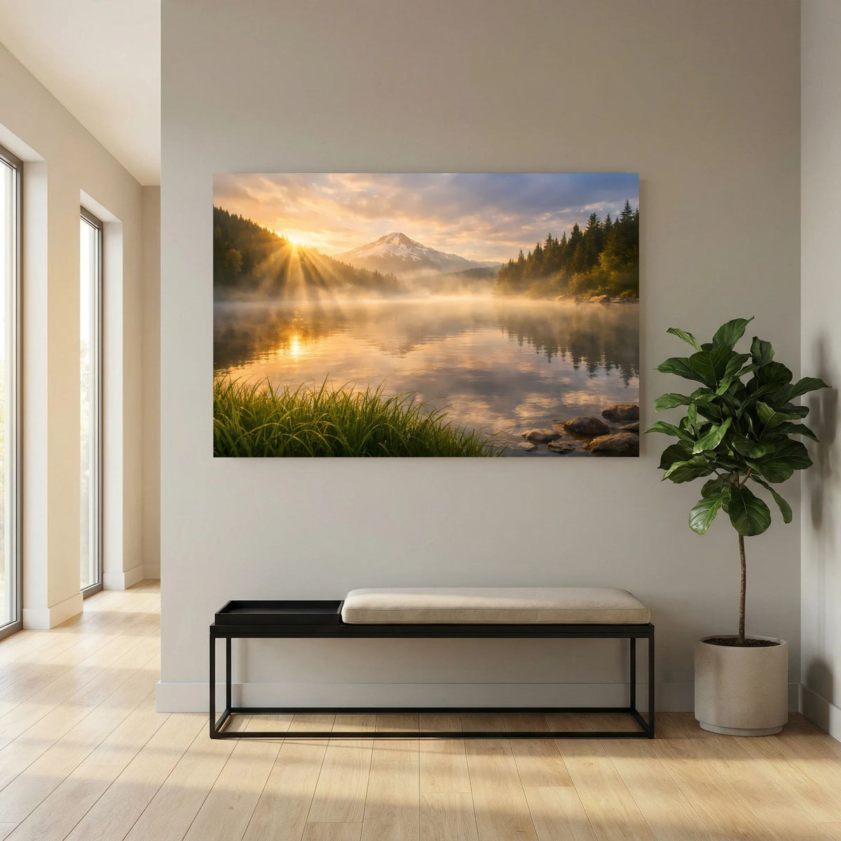Querformatiges Wandbild-Poster: Bergsee mit Schilf, Sonnenlicht und Nebelschwaden