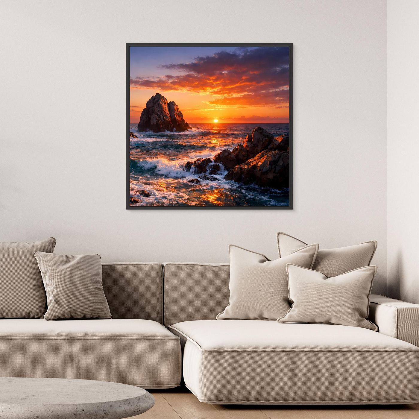 Gerahmtes Leinwandbild mit Sonnenuntergang, Meerblick mit Felsenklippen und Wellen