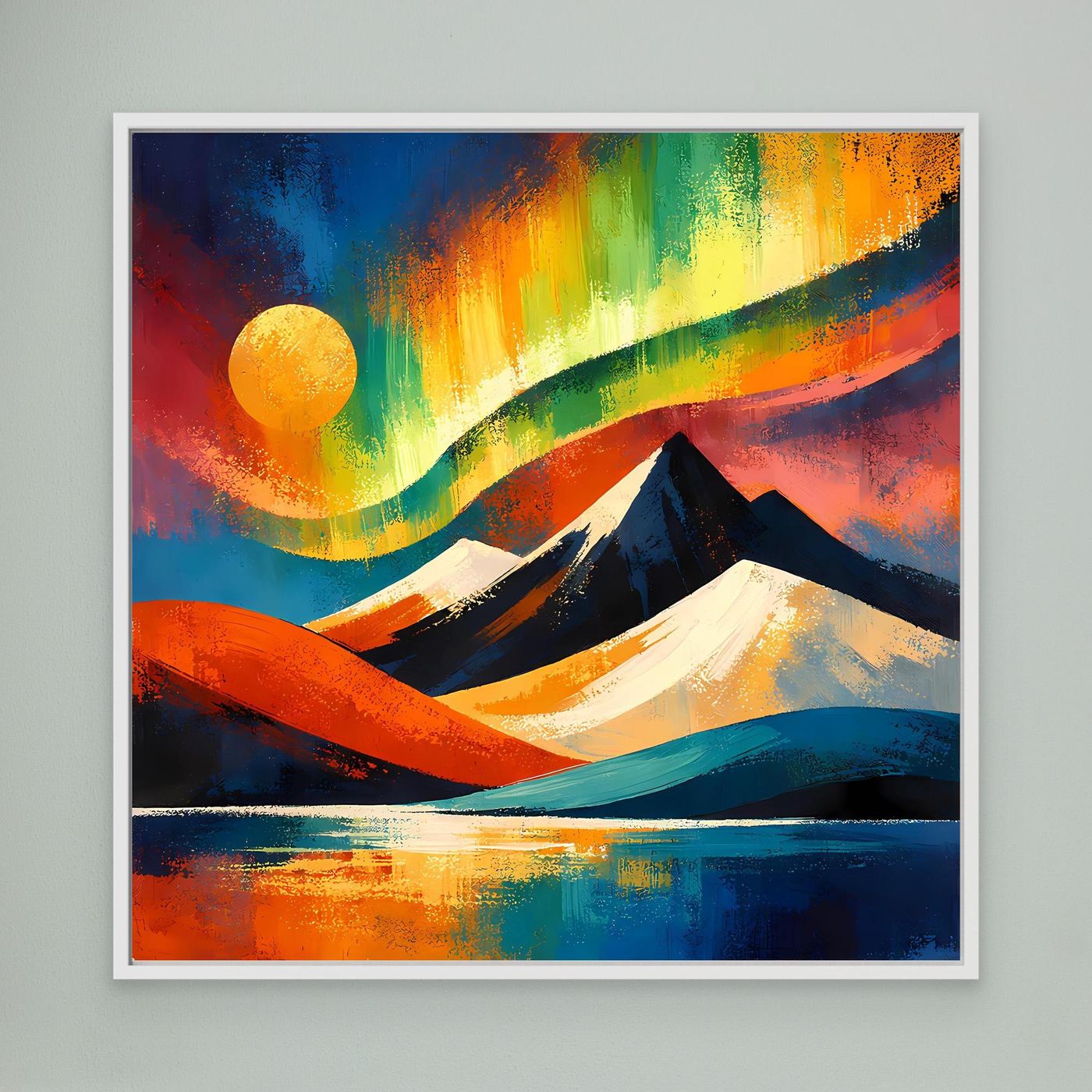 Gerahmtes Leinwandbild mit abstrakter Berglandschaft, Blau-Orange-Grün, weißer Rahmen