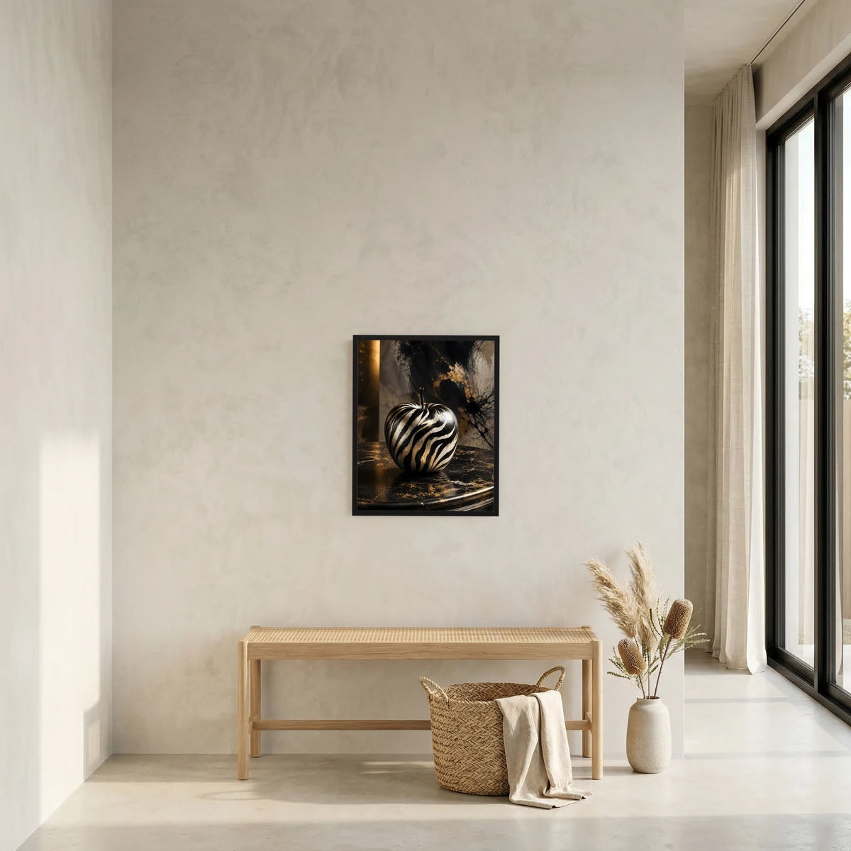 Kleines Kunstposter im schwarzen Rahmen: Zebra-Apfel in Schwarz-Weiß