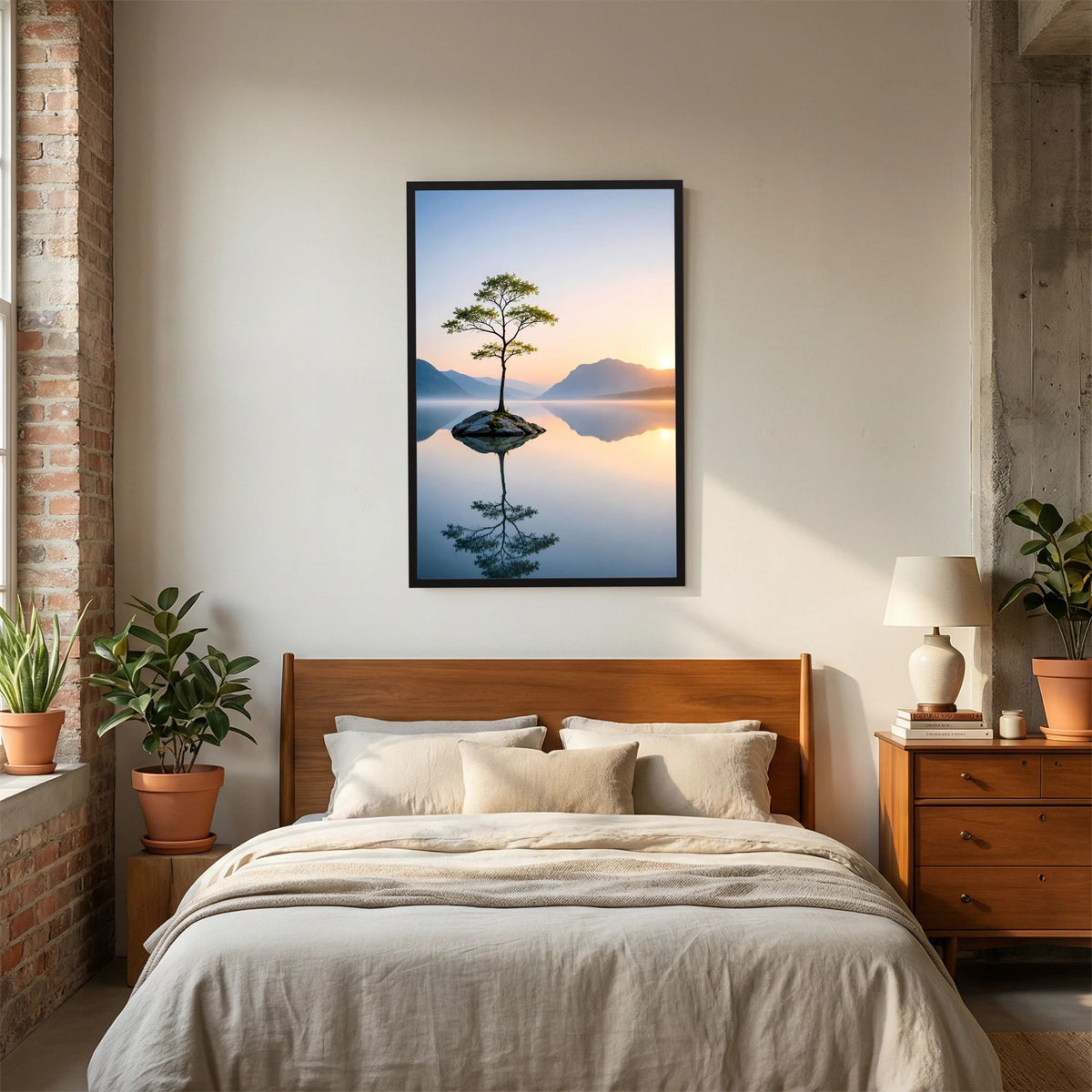 Poster im Hochformat mit schwarzem Rahmen und Baum auf Felsinsel am See