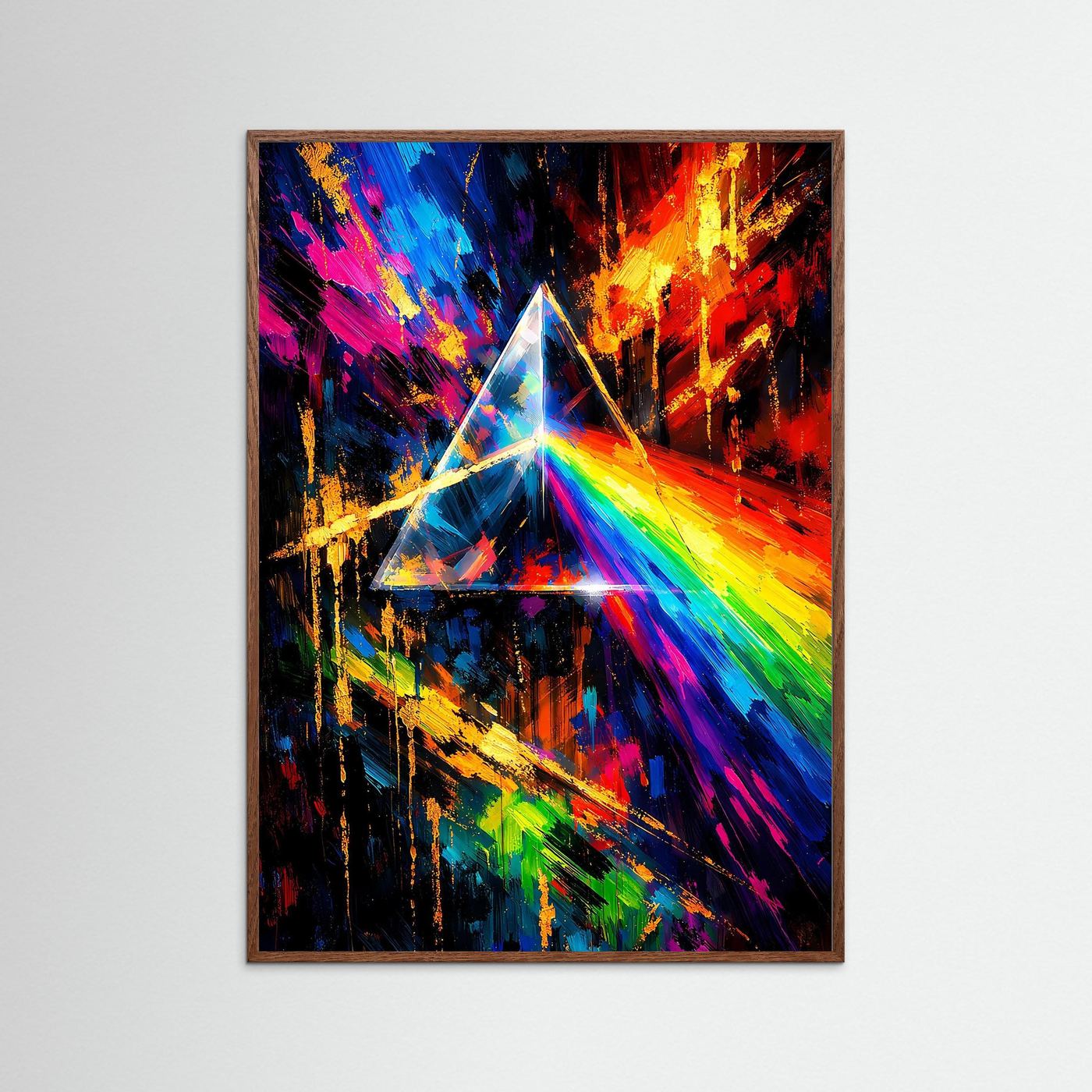 Abstraktes Prisma-Poster mit dunklem Eichenrahmen, regenbogenfarbene Lichtstrahlen und Dreieckskern