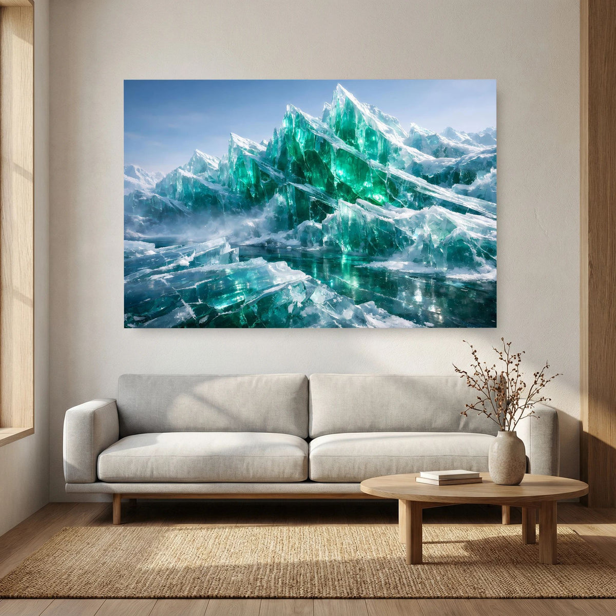 Poster mit smaragdgrünen Eisbergen im Querformat, mittig über dem Sofa