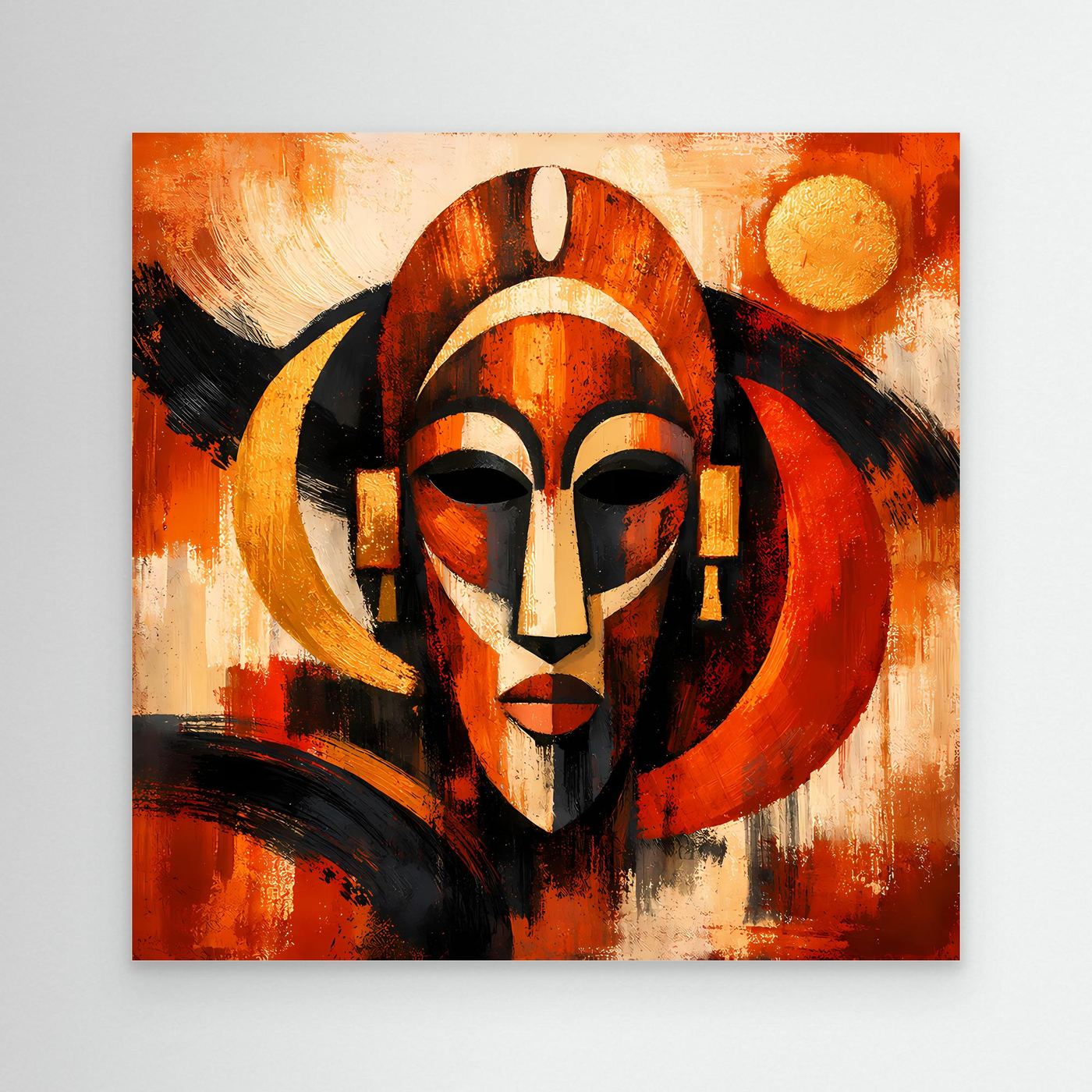 Abstraktes afrikanisches Masken-Wandbild, orange-rote und schwarze Farbfelder