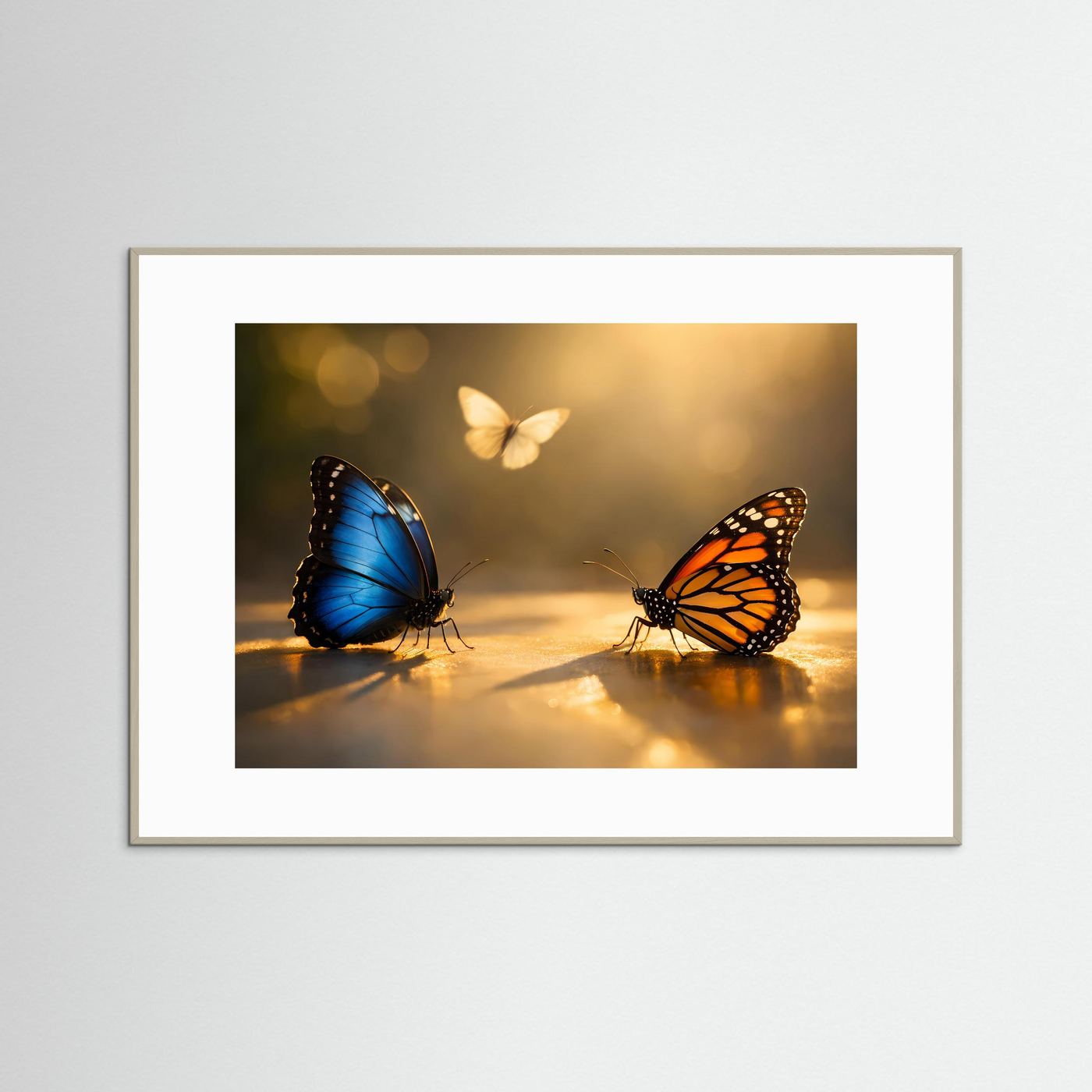 Poster mit Schmetterlingen, blau und orange, Querformat, weißer Rahmen