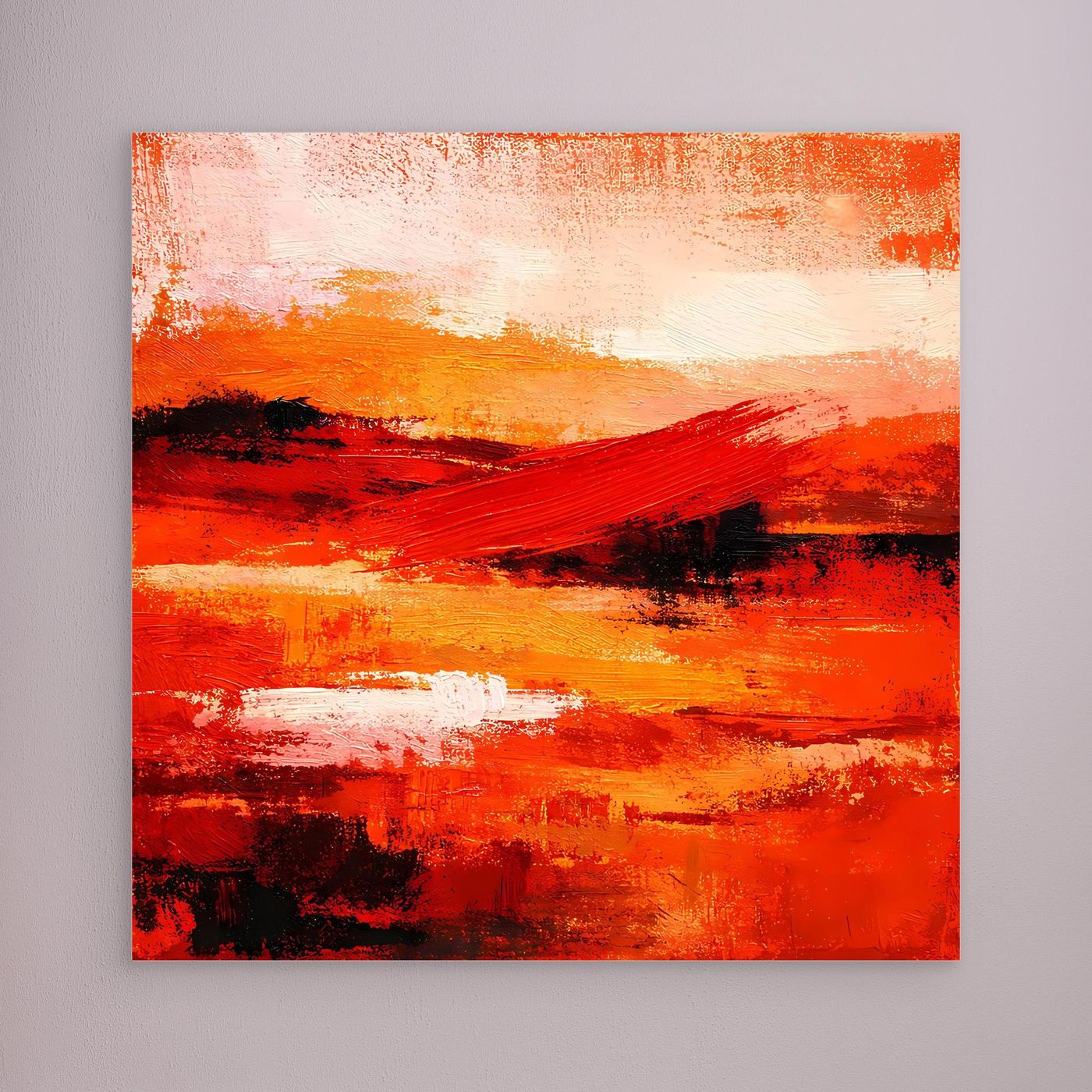 Wandbild aus Leinwand mit abstrakter Pinselstruktur in Rot, Orange und Gelb, ohne Rahmen
