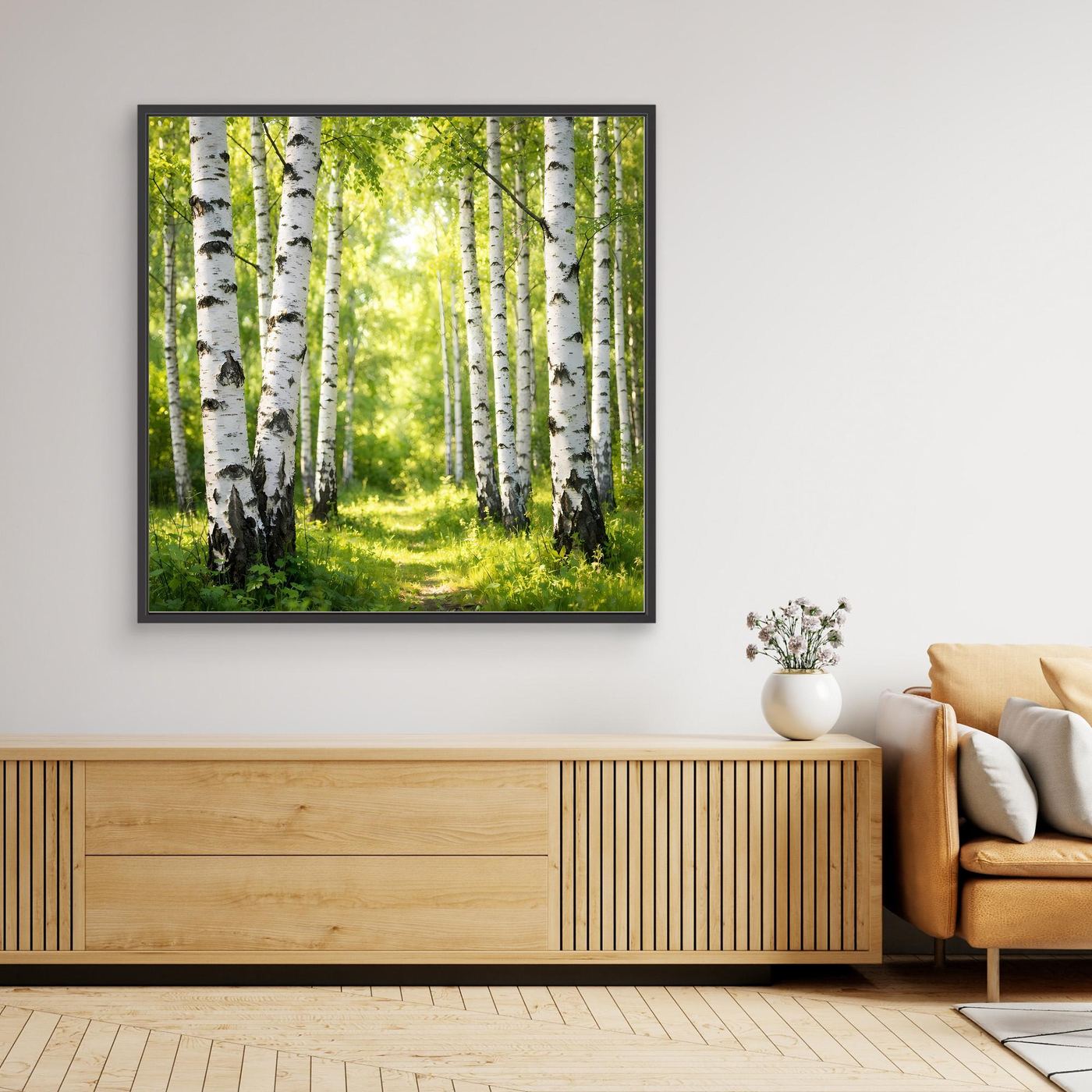 Leinwandbild Birkenwald im Sonnenlicht, grüner Wald mit schwarzem Rahmen