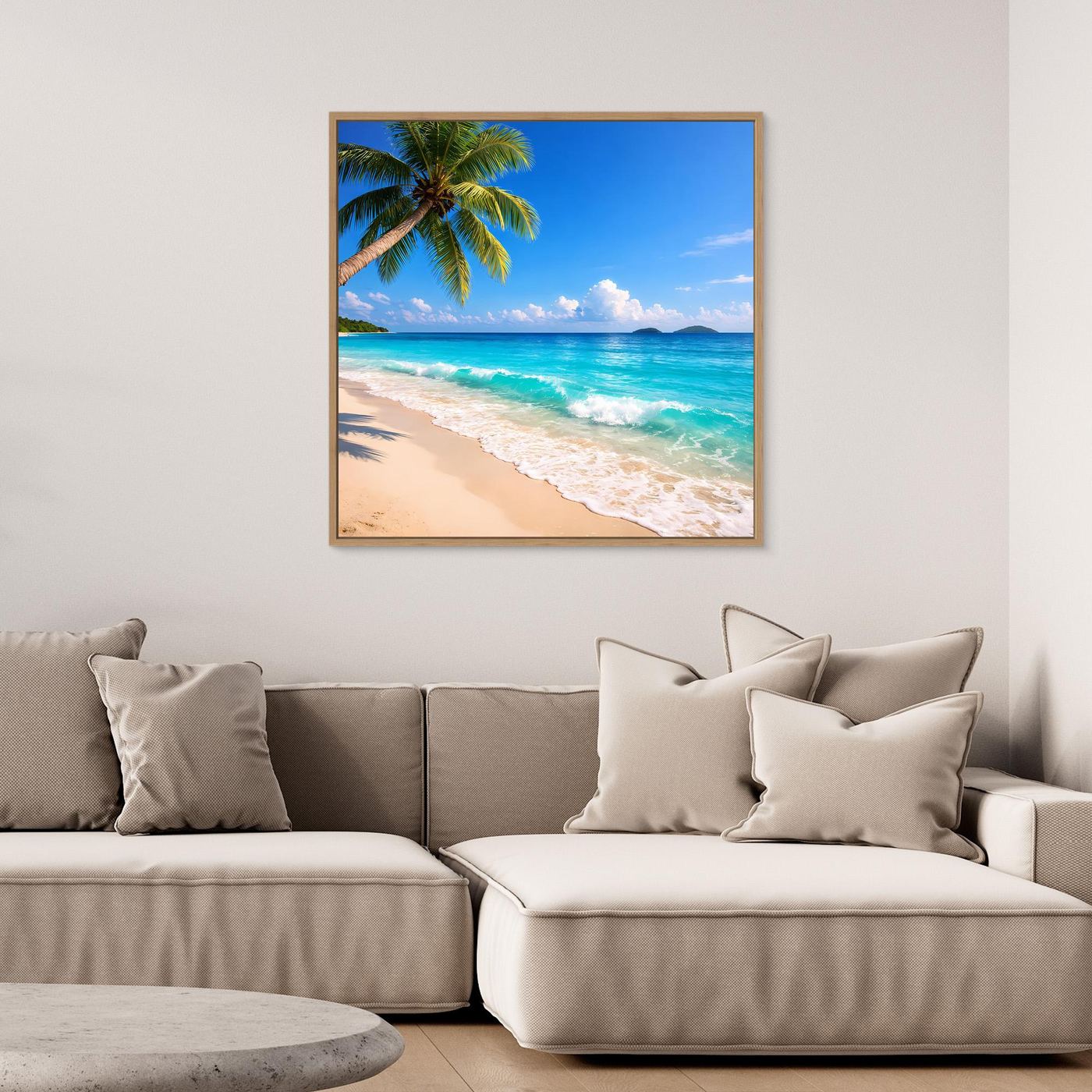 Leinwandbild Tropischer Traumstrand: Palme am linken Bildrand, türkisblaues Meer, Sand