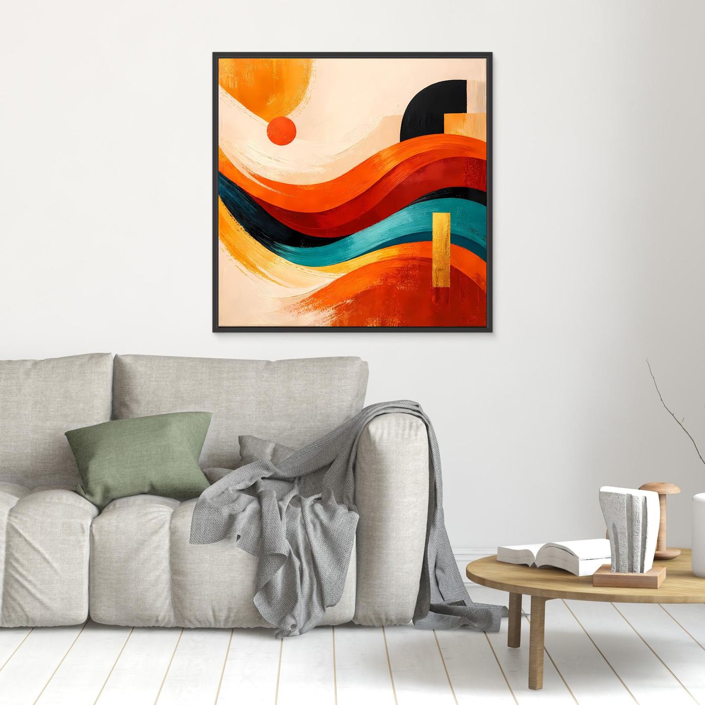 Abstraktes Leinwandbild mit Wellen und Dünen, Orange/Rot/Türkis, schwarzer Rahmen