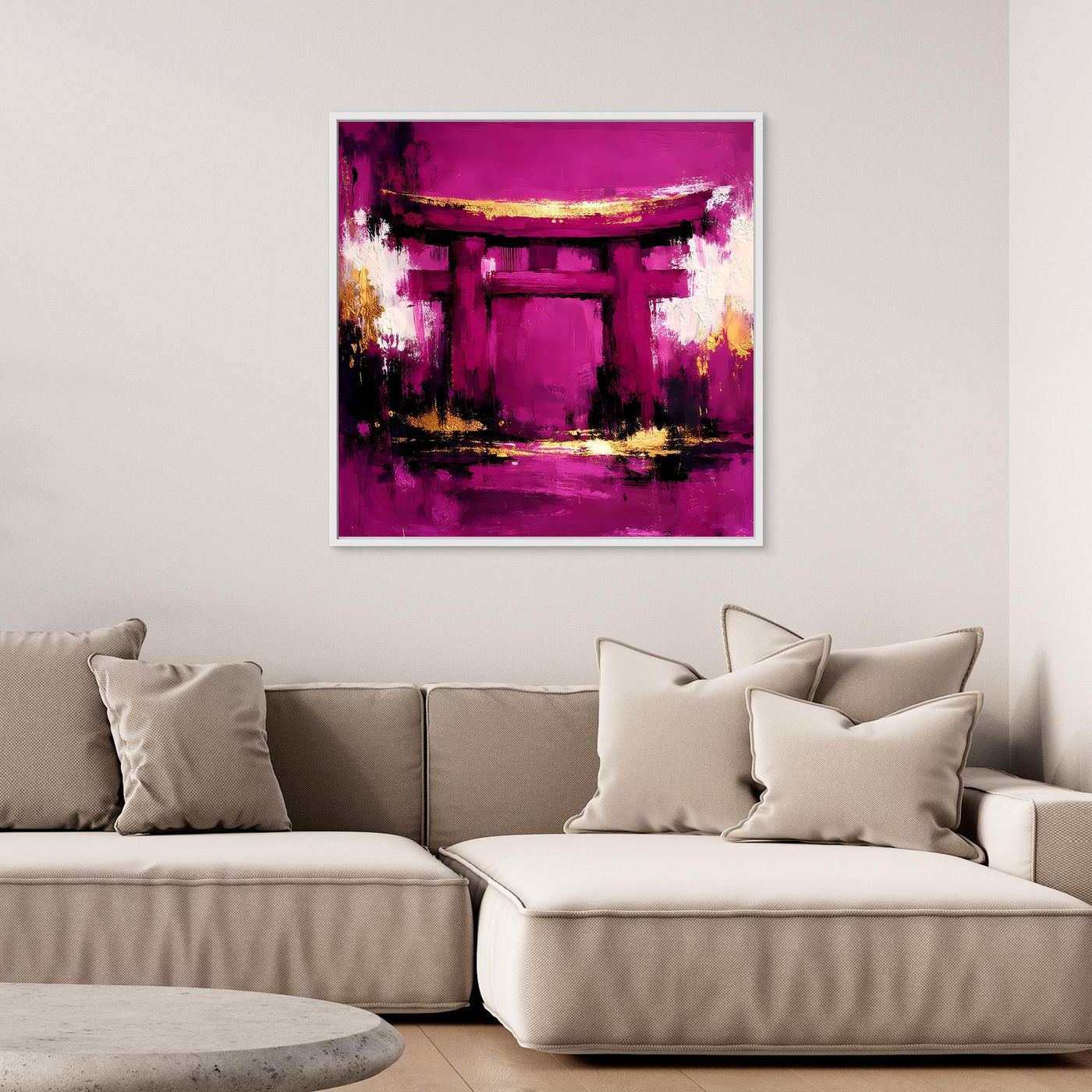 Leinwand Mystisches Torii-Tor in Magenta | Abstraktes Japan Wandbild Moderne Kunst