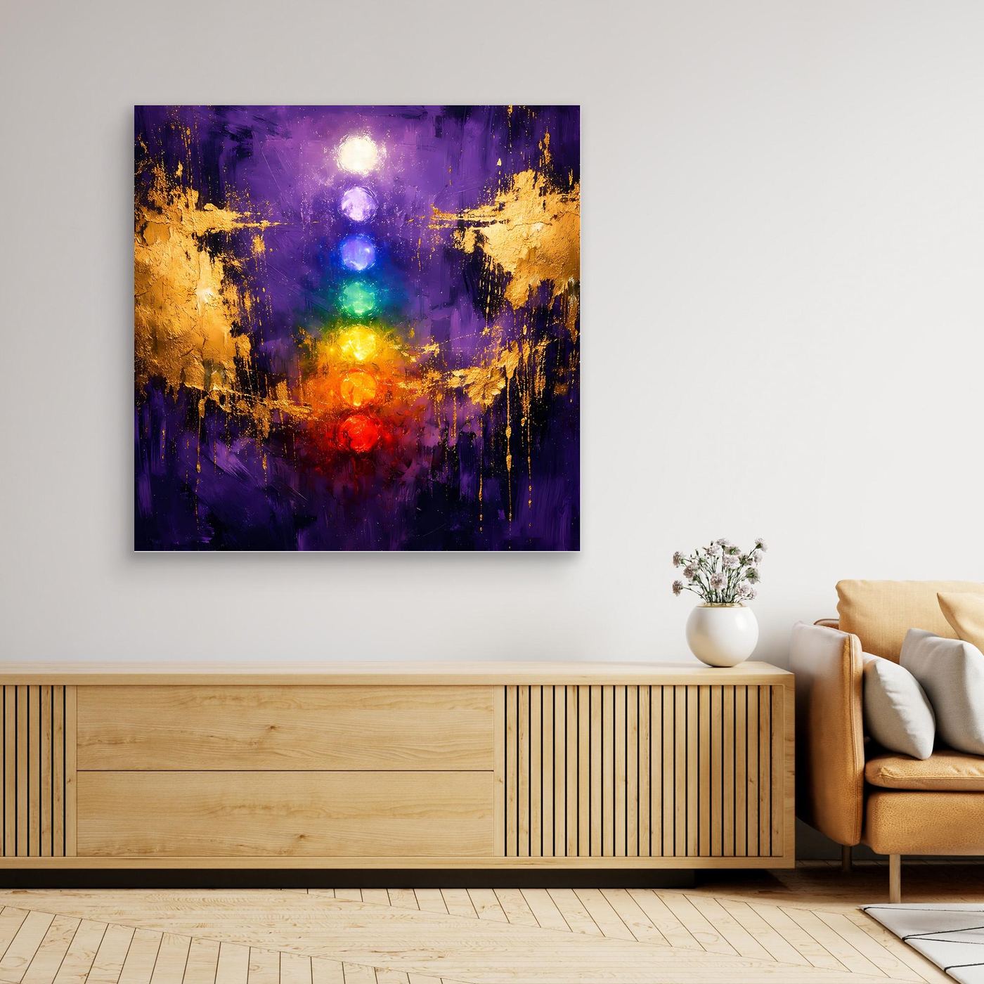 Leinwand Sieben Chakren auf tiefem Violett | Modernes Spirituelles Yoga Wandbild