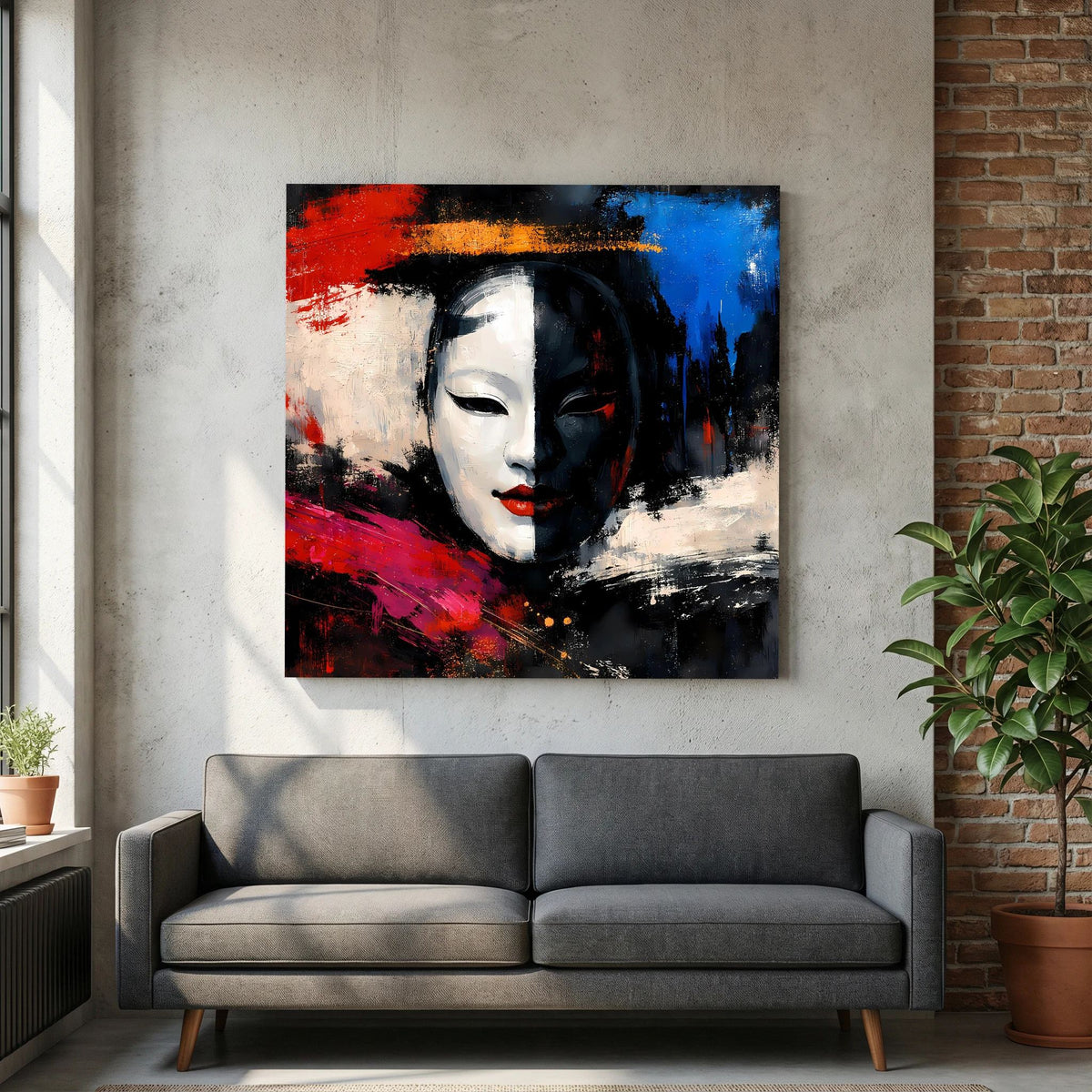 Leinwand-Wandbild zeigt Geisha-Maske, abstrakt gemalt in Rot, Blau, Weiß und Schwarz