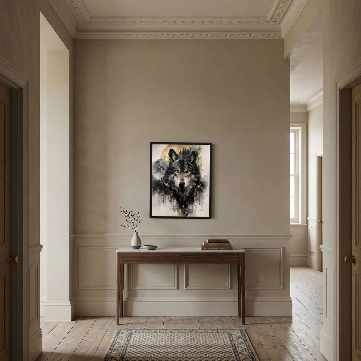 Gerahmtes Wolfsposter mit schwarzem Wolfporträt und goldenen Akzenten, an der Wand