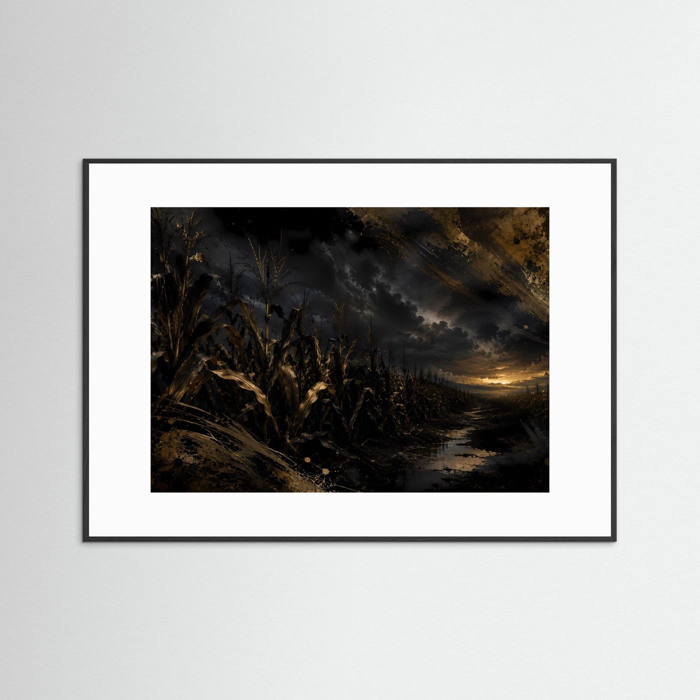 Dunkles Maisfeld bei Sonnenuntergang | Mystische Landschaft in Schwarz & Gold