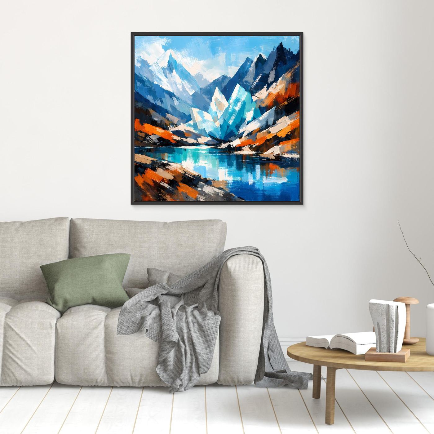 Abstraktes Leinwand-Wandbild mit Bergspitzen und See, blau/türkis, dunkel gerahmt