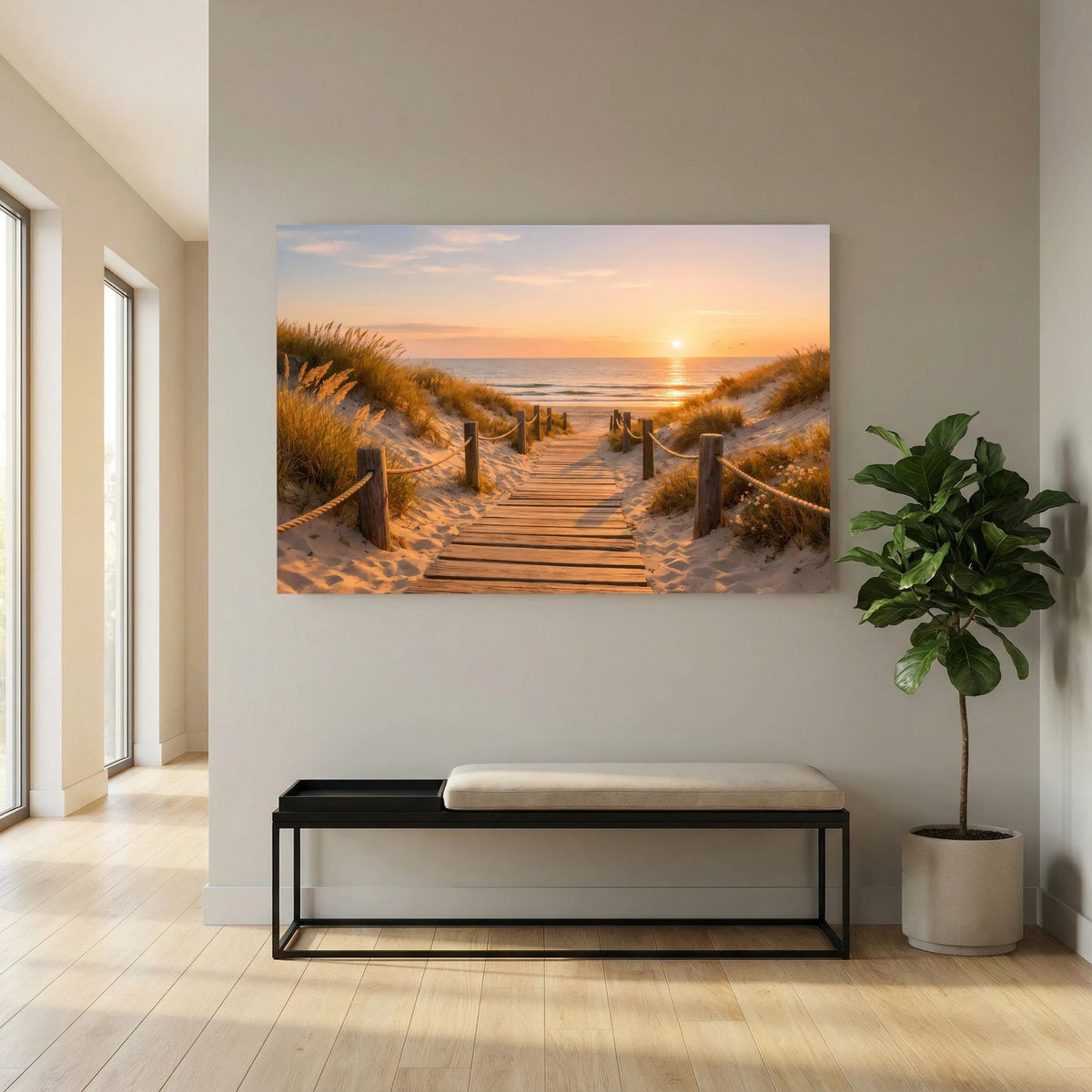 Wandbild: Holzsteg über Dünen zum Meer, warmer Sonnenuntergang
