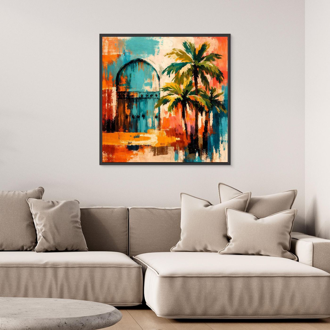 Gerahmtes Wandbild mit Palmen und Bogenmotiv, dunkler Rahmen, orange-blaue Farben