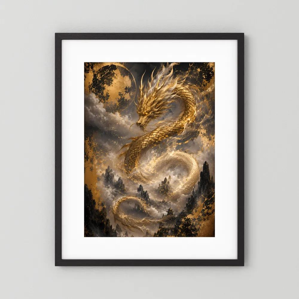 Schwarz gerahmtes Hochformat-Poster mit goldenem Drachen, Mond und Bergnebel