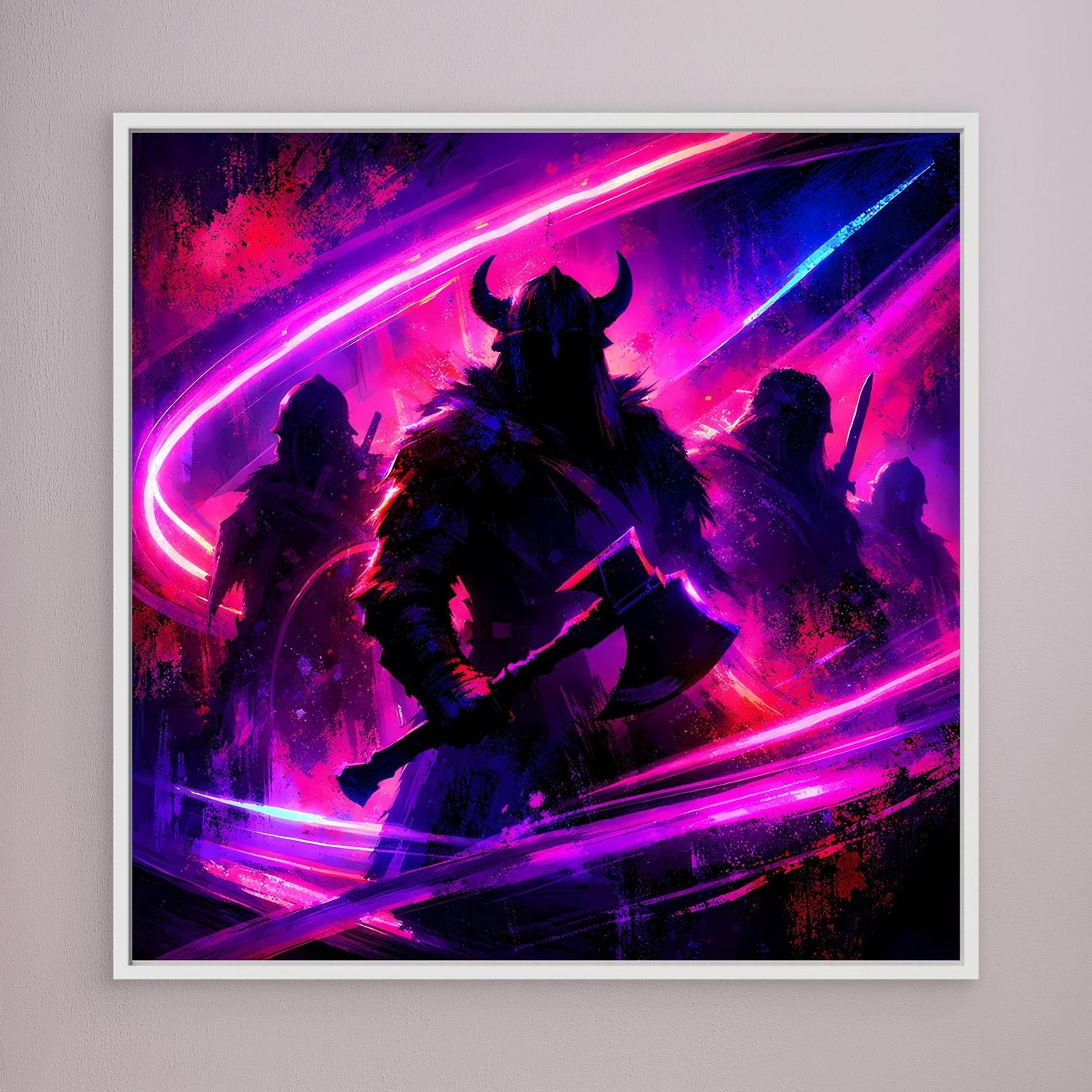 Wandbild mit Wikingersilhouette, Neon-Pink/Lila Lichtbögen, weißer Rahmen