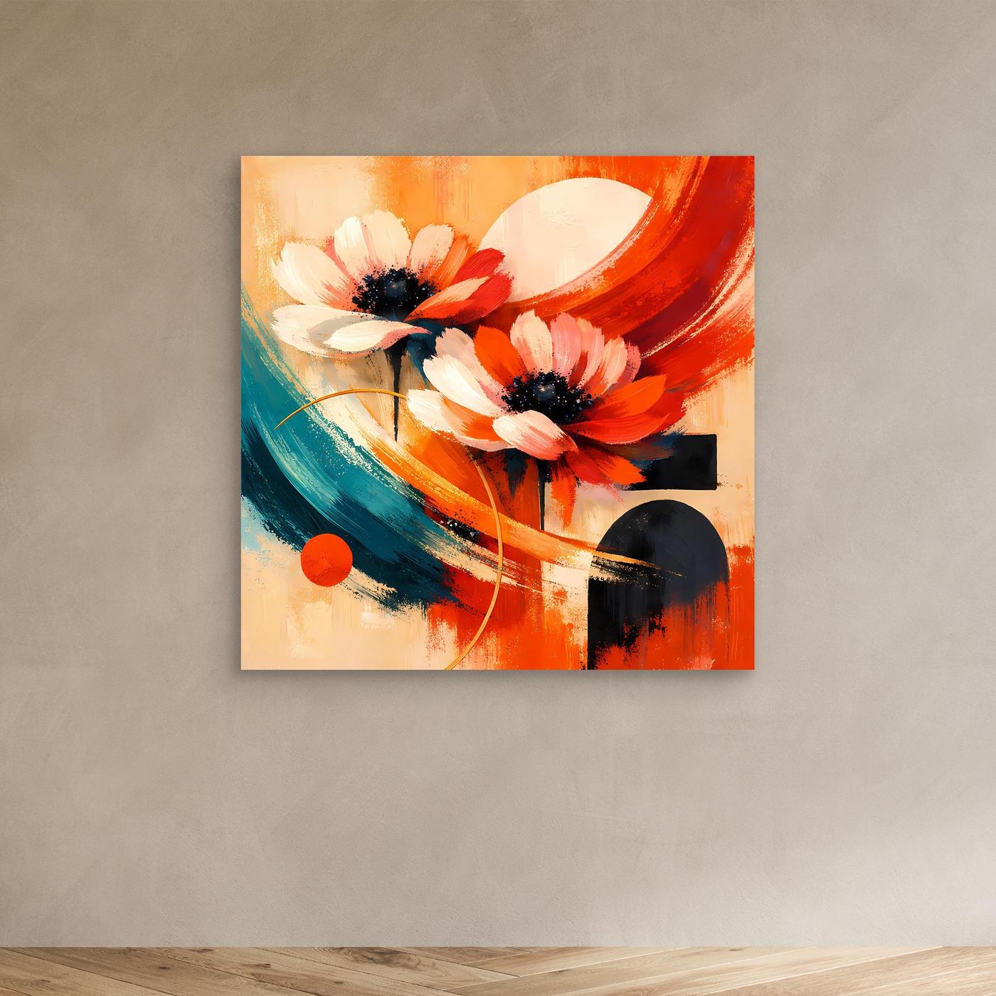 Leinwandbild mit abstrakten Anemonenblüten in Rot, Orange und Türkis, mit schwarzen Formen.