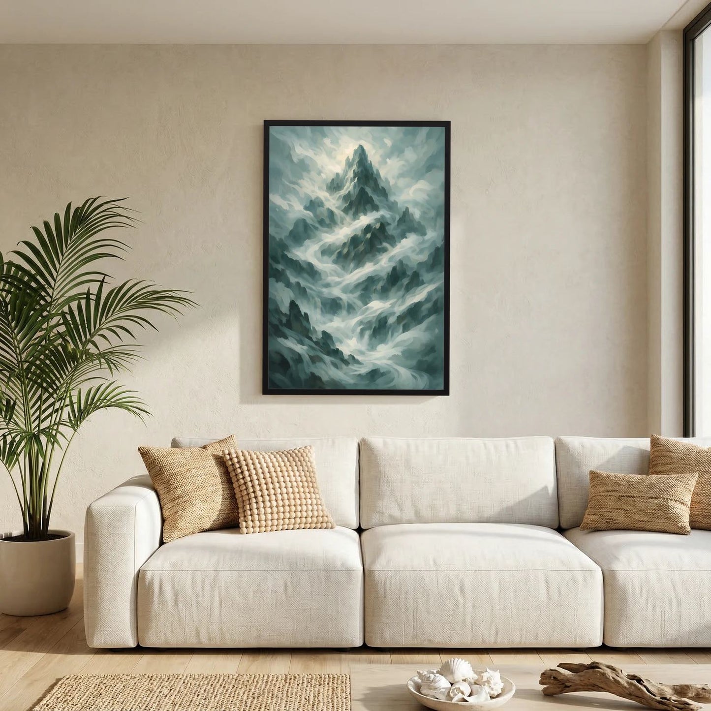 Poster Hochformat mit mystischer Berglandschaft in Salbeigrün und Grau, schwarzer Rahmen