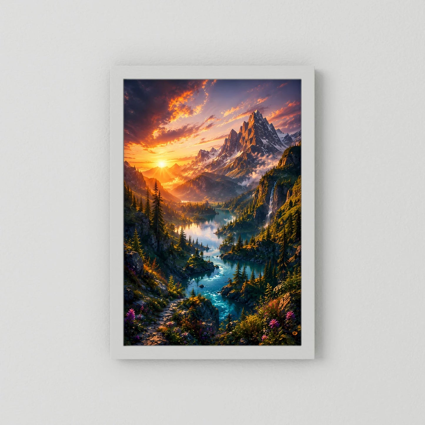 Hochformat-Poster mit Bergtal, Sonnenuntergang und türkisfarbenem See, ohne Holzrahmen
