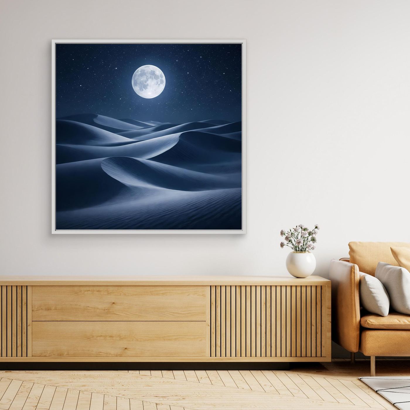 Leinwandbild mit Vollmond über Wüstendünen, weiß gerahmt
