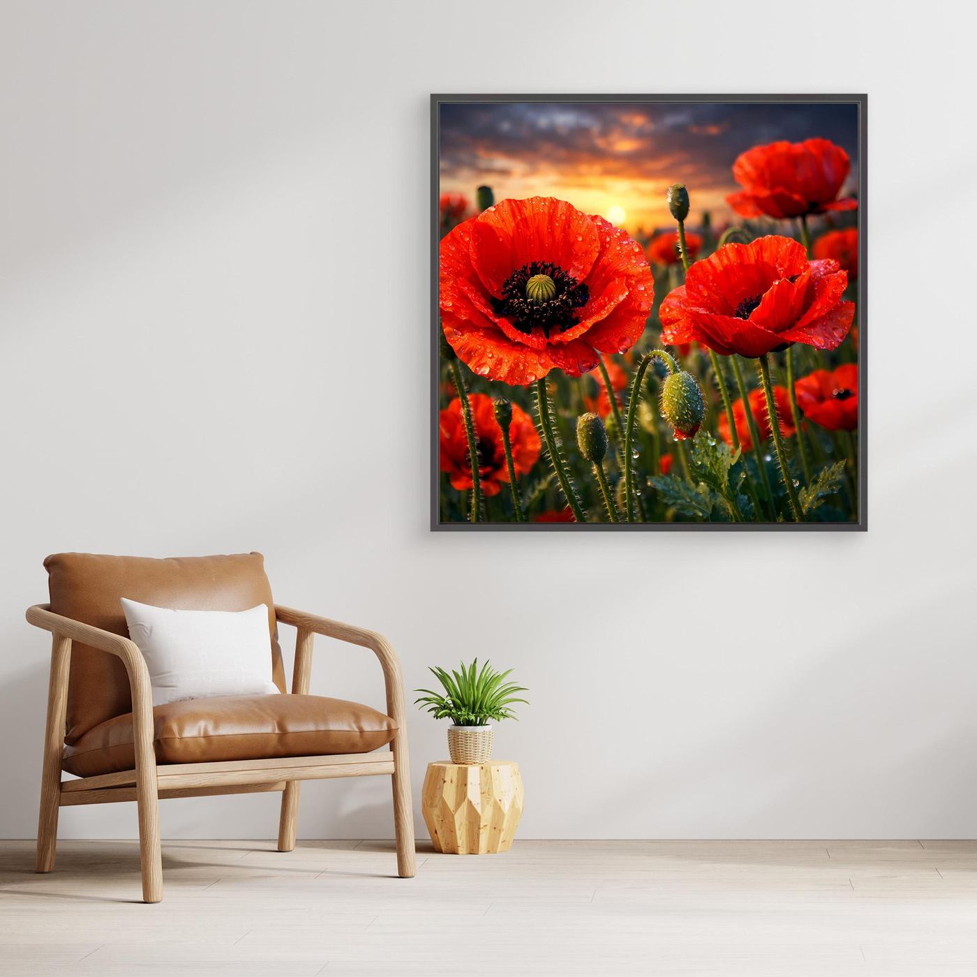 Leinwand-Wandbild mit roten Klatschmohnblüten und Abendhimmel im dunklen Rahmen