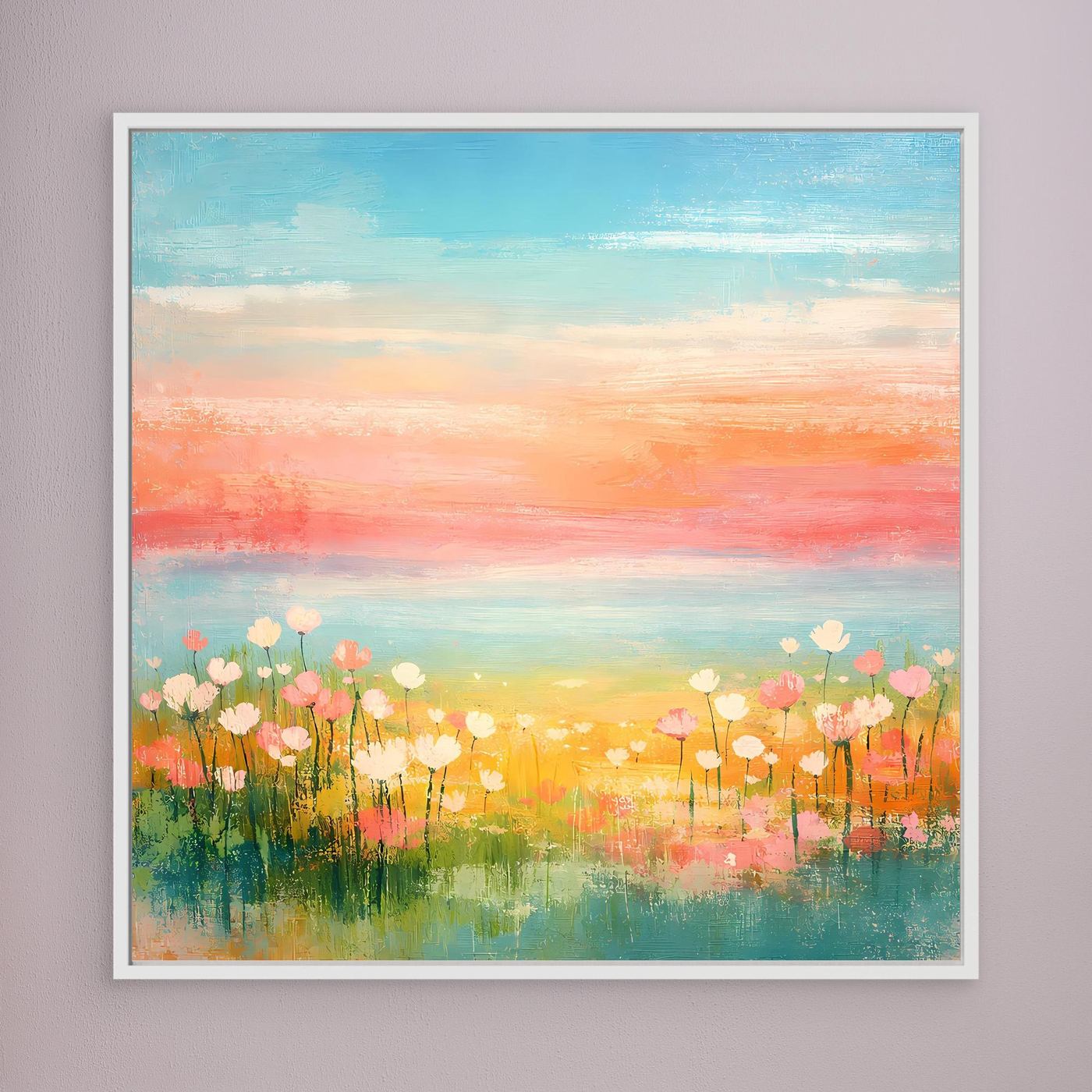 Leinwand-Wandbild mit abstrakter Blumenwiese am Meer und Pastellhimmel, weiß gerahmt