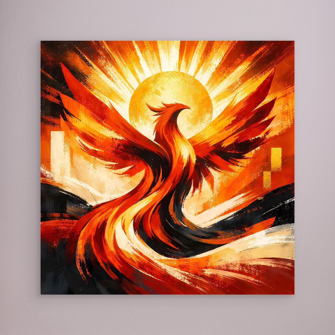 Leinwandbild mit goldrotem Phönix und Sonnenstrahlen, ohne sichtbaren Rahmen