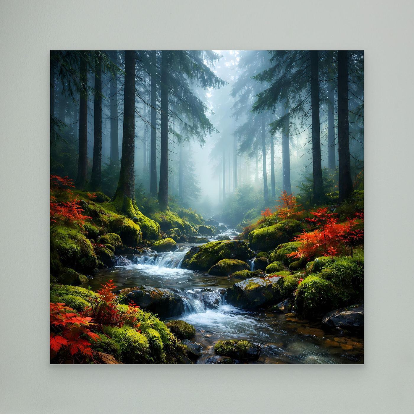 Wandbild ohne Rahmen: nebliger Wald mit Bach und leuchtendem Nebel
