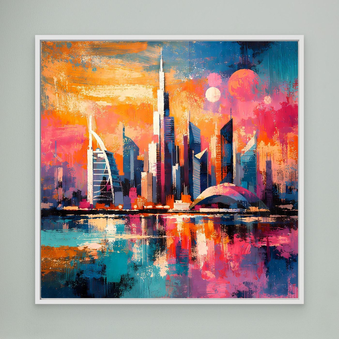 Großes Leinwand-Wandbild mit bunter Dubai-Skyline bei Nacht, weißer Rahmen