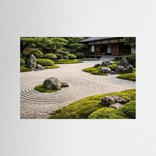 Zen-Garten-Poster im Querformat: Kiesfläche mit Kreislinien, Moos, Steinen und Gartenhaus