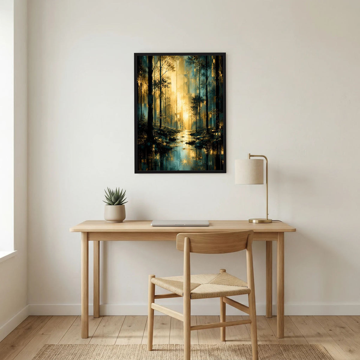 Hochformat-Poster mit Waldlandschaft in Türkis und Gold und schwarzem Rahmen