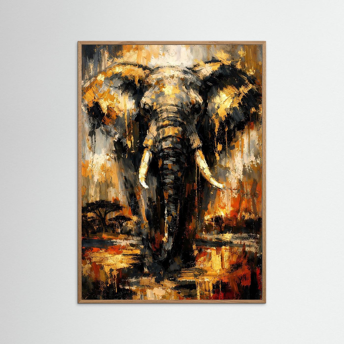 Elefanten-Poster mit abstrakter Tierdarstellung in Gold und Schwarz, mit grauem Rahmen