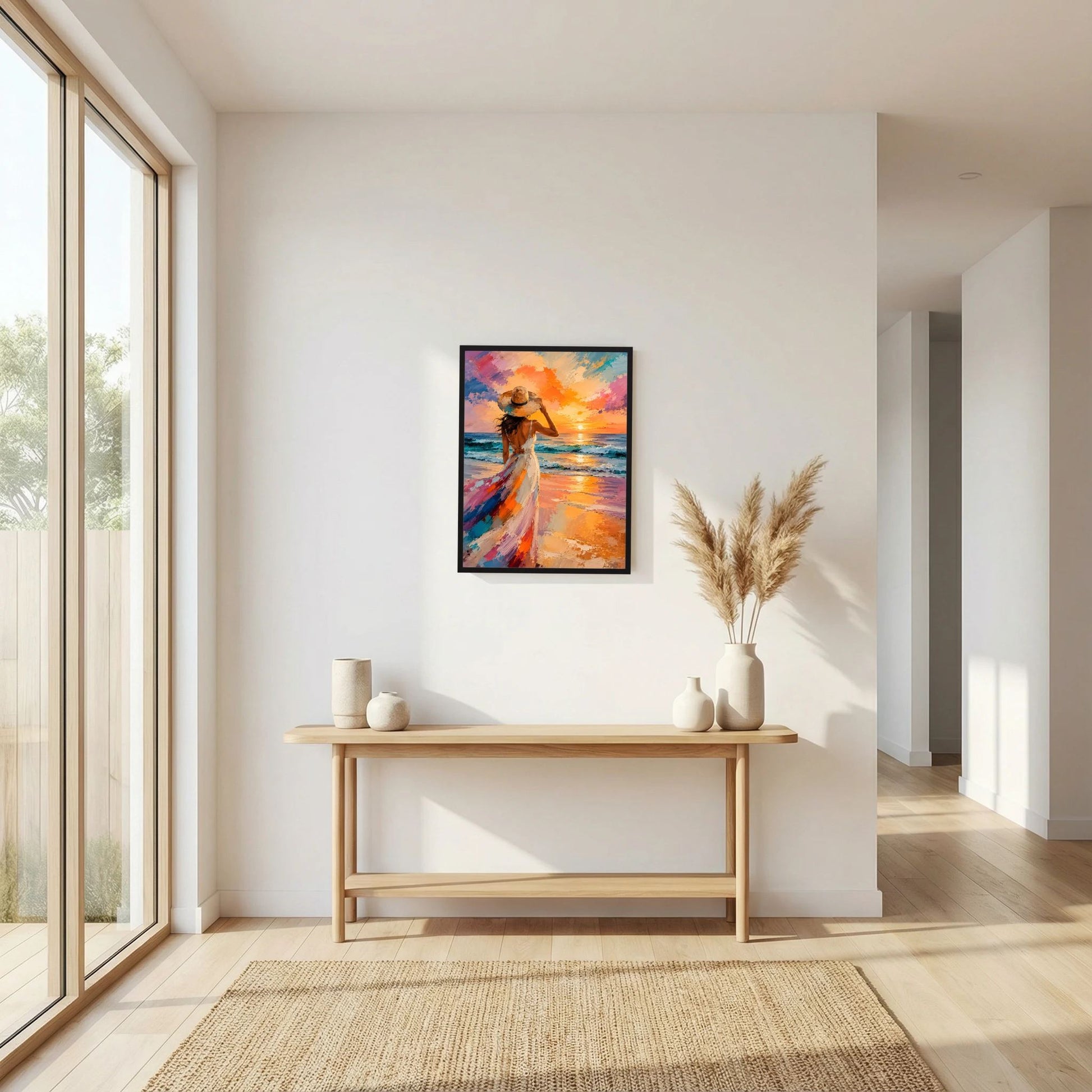 Hochformatiges Poster mit Frau am Strand bei Sonnenuntergang, schwarzer Bilderrahmen