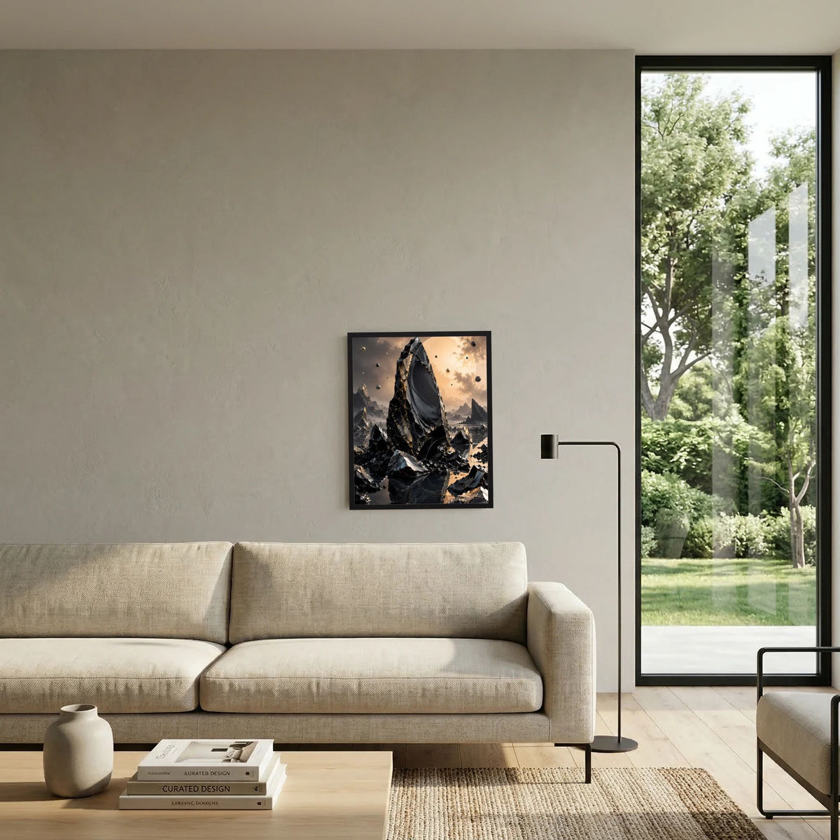 Wandbild im Rahmen: Hochformatposter mit schwarzem Obsidian-Monolith und goldener Staubwolke