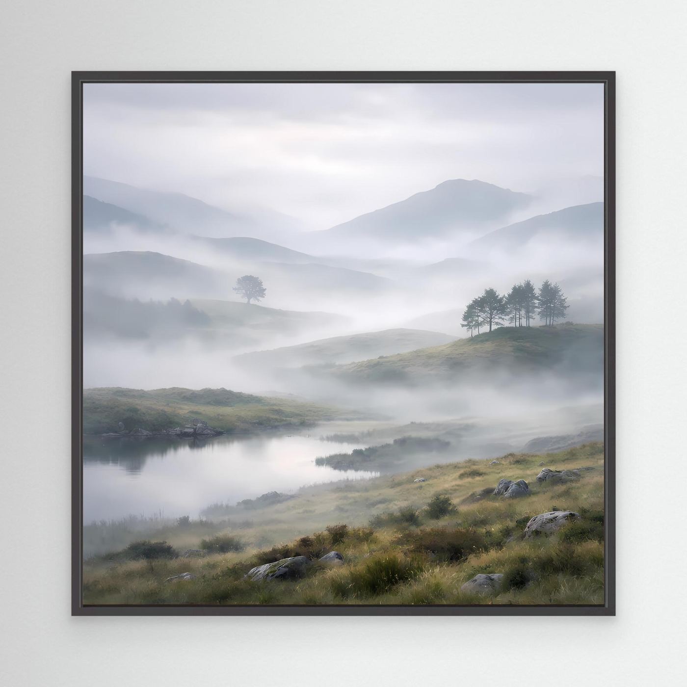Leinwandbild mit schwarzem Rahmen, neblige Berglandschaft mit See und Gras