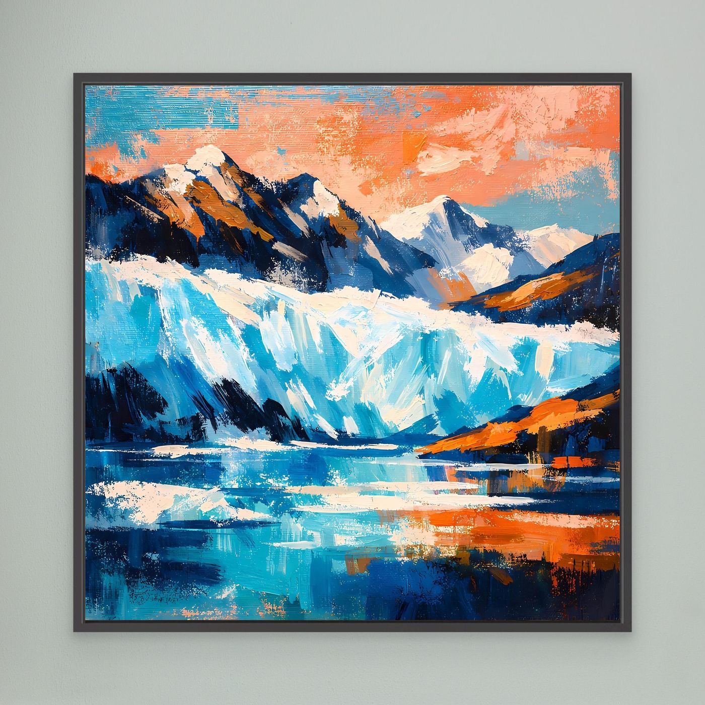 Leinwand-Wandbild mit abstrakter Gletscher- und Berglandschaft, orange-blaue Farbflächen, schwarzer Rahmen