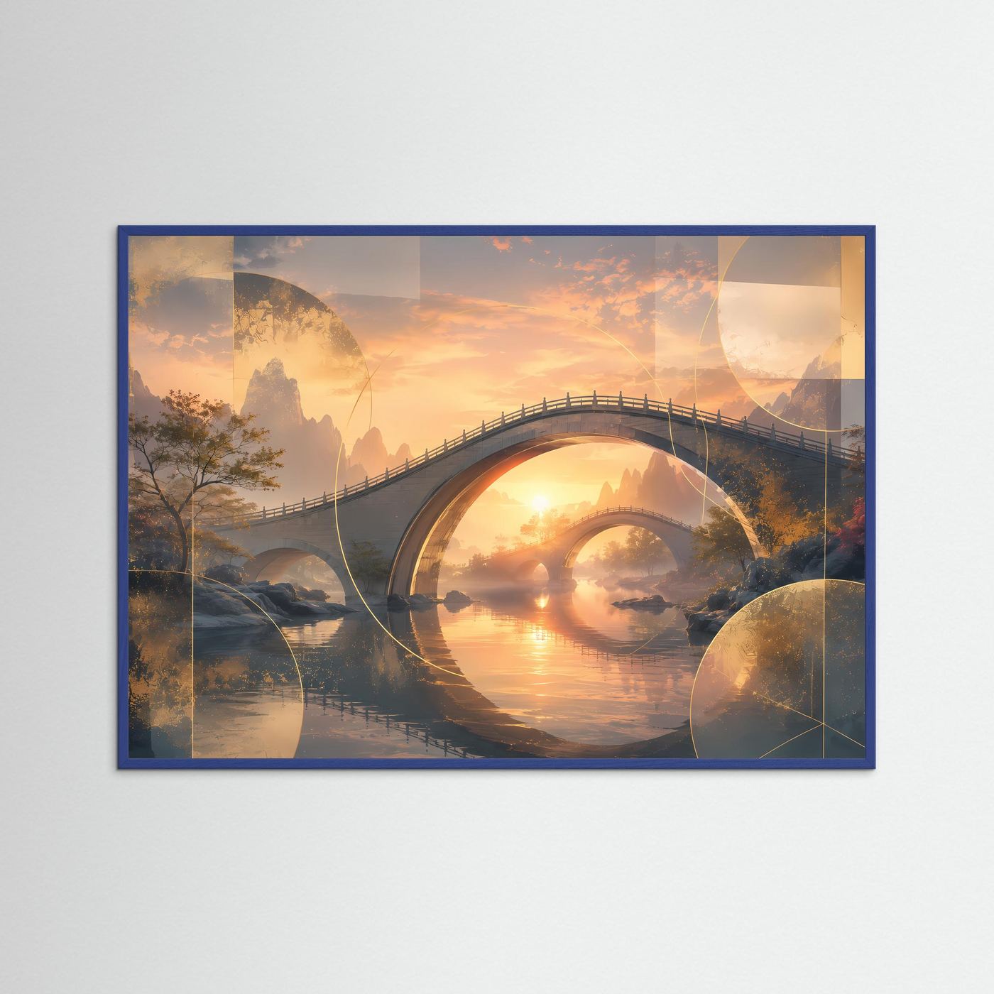 Querformat-Poster mit Bogenbrücke über ruhigem Wasser, im Sonnenuntergang, blauer Rahmen