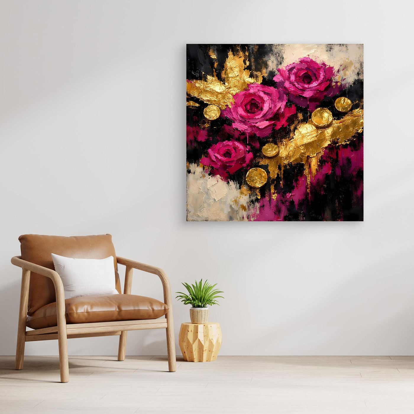 Leinwand Elegante Rosen in Magenta | Abstraktes Blumen Wandbild Gold