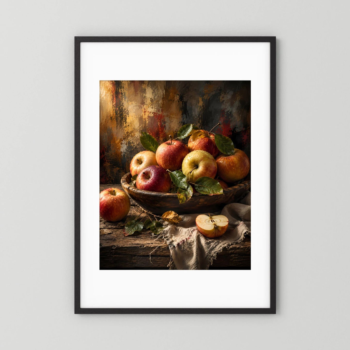 Hochformatiges Apfel-Poster mit roten und gelben Äpfeln in Schale, schwarzer Rahmen