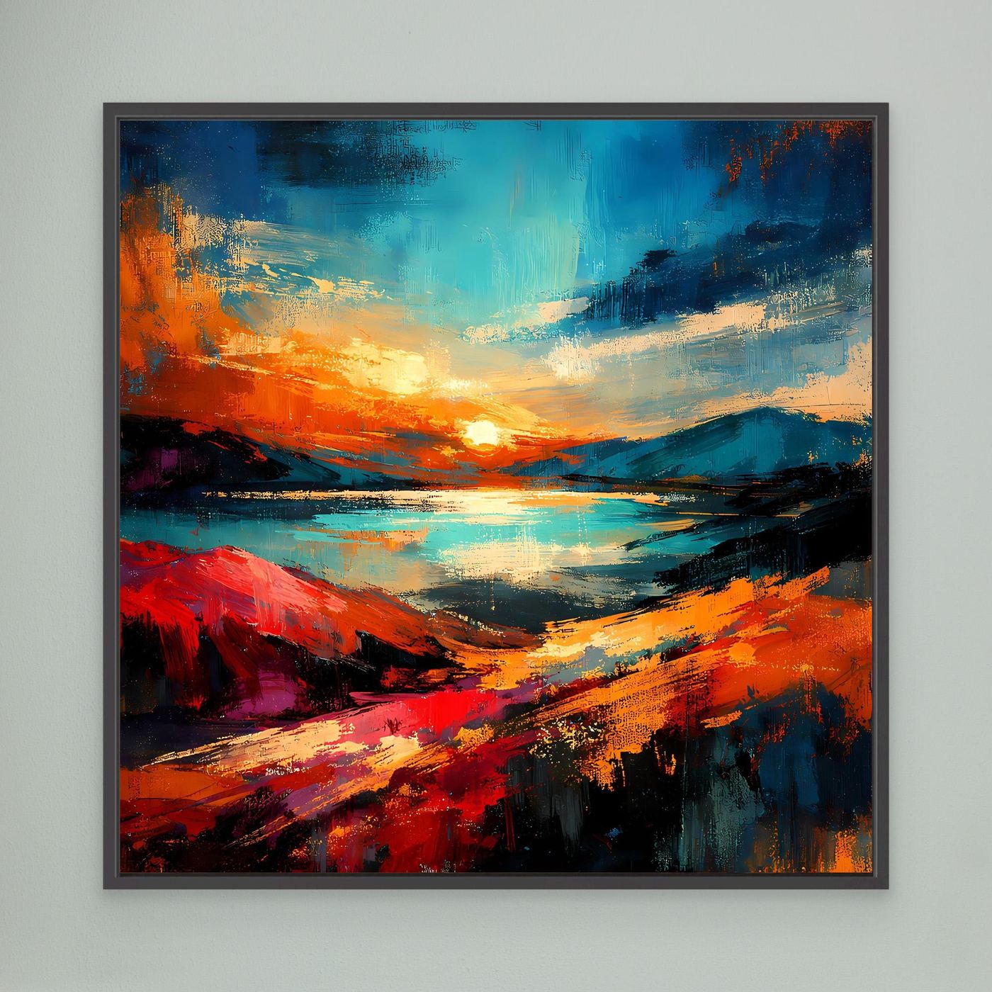Gerahmtes Leinwandbild (schwarzer Rahmen) mit abstraktem Sonnenaufgang in Blau und Rot