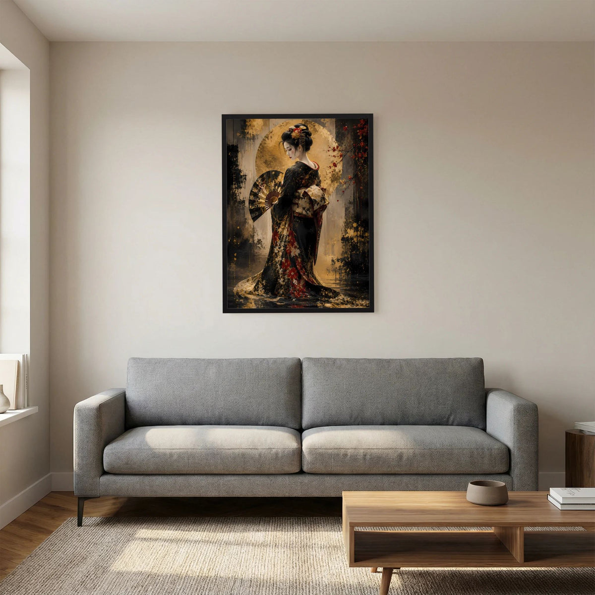 Poster im Hochformat: Geisha im Kimono in dunkler Farbgebung mit goldenen Details, schwarzer Rahmen.