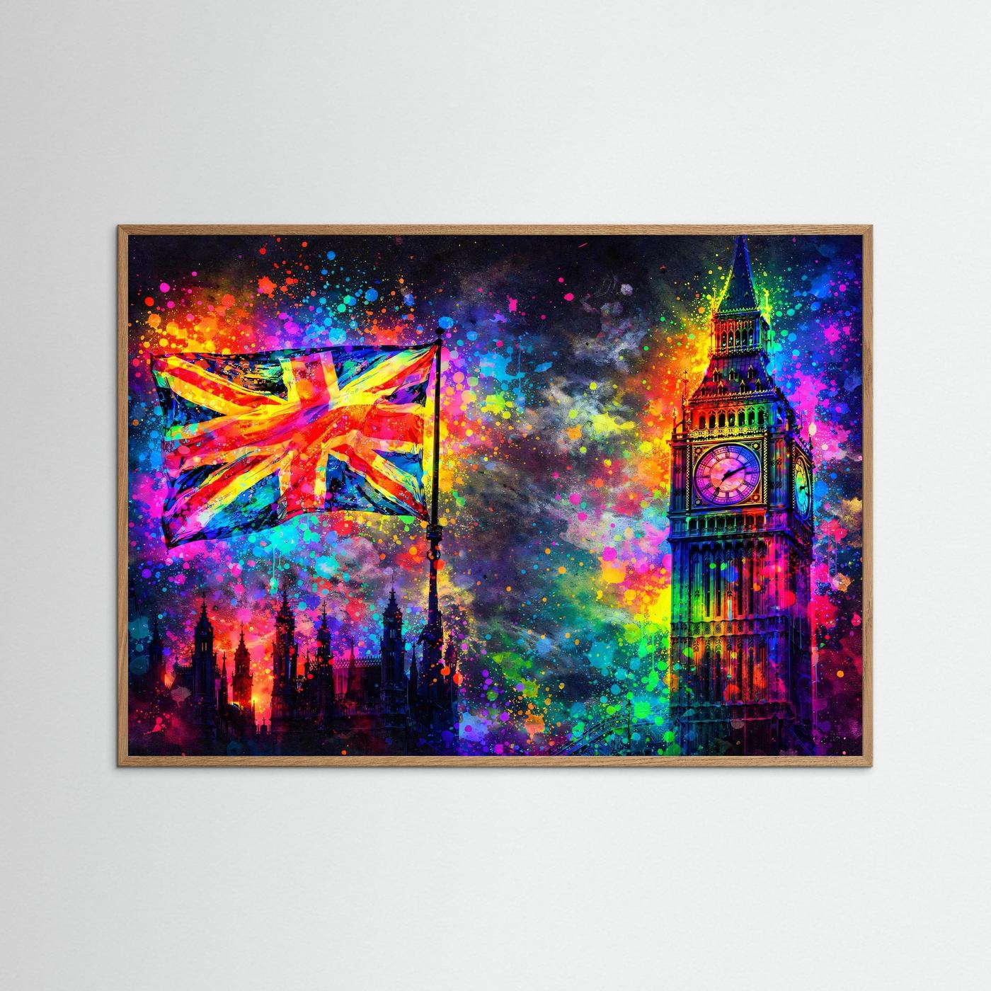 Poster Big Ben und Union Jack | Neonfarbenes London | Modernes Pop‑Art Wandbild