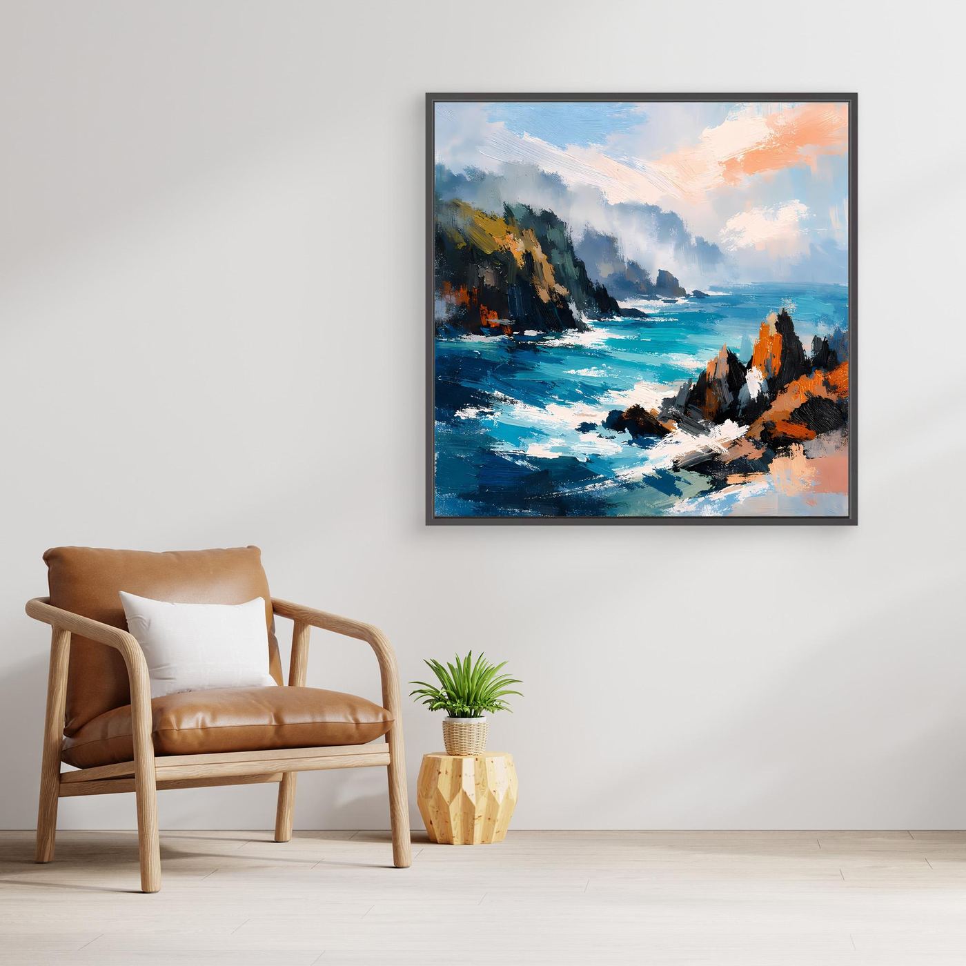 Abstraktes Leinwand-Wandbild mit Klippen und Meer in Blau und Orange, schwarz gerahmt