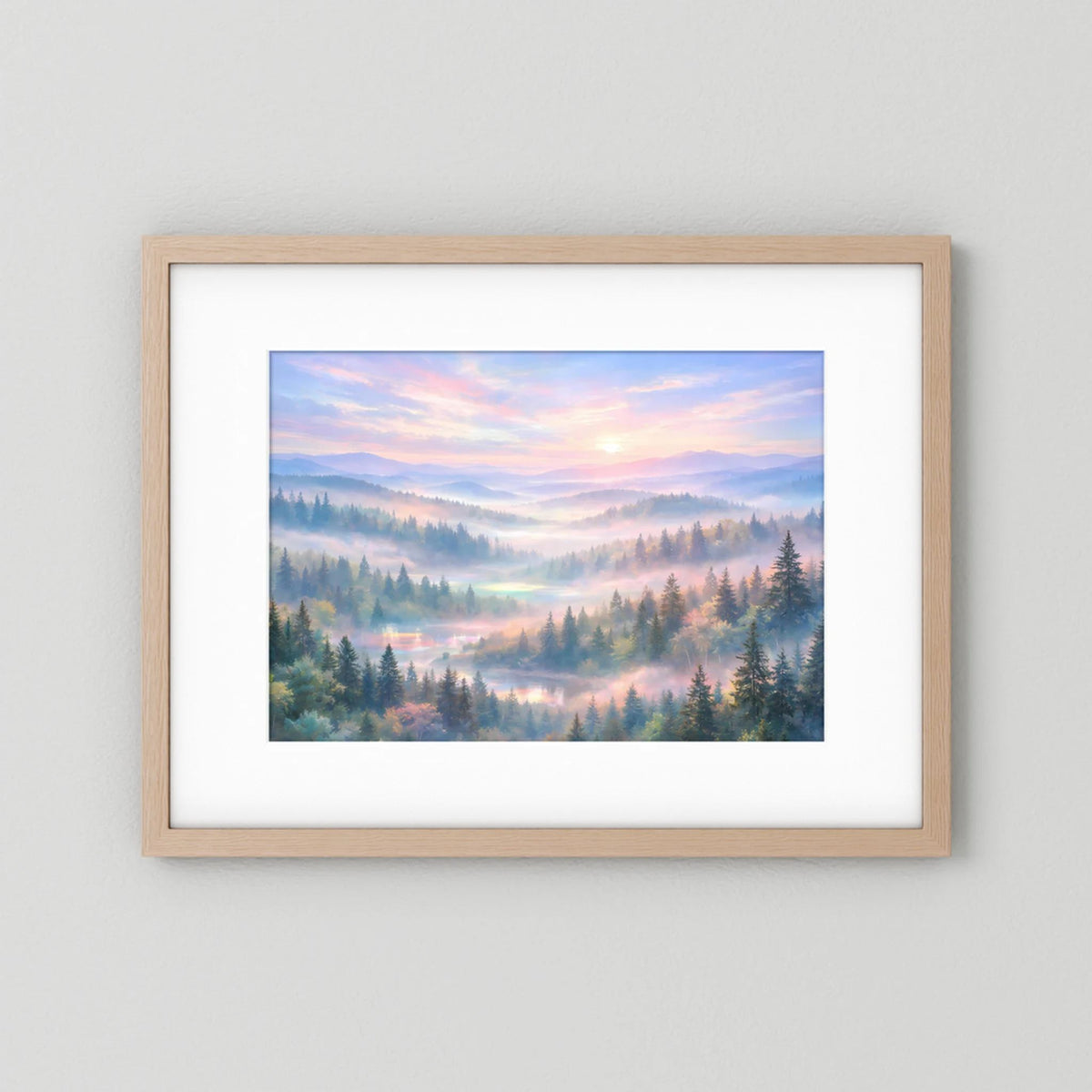 Gerahmtes Poster Waldlandschaft im Morgennebel, Querformat, Holzrahmen