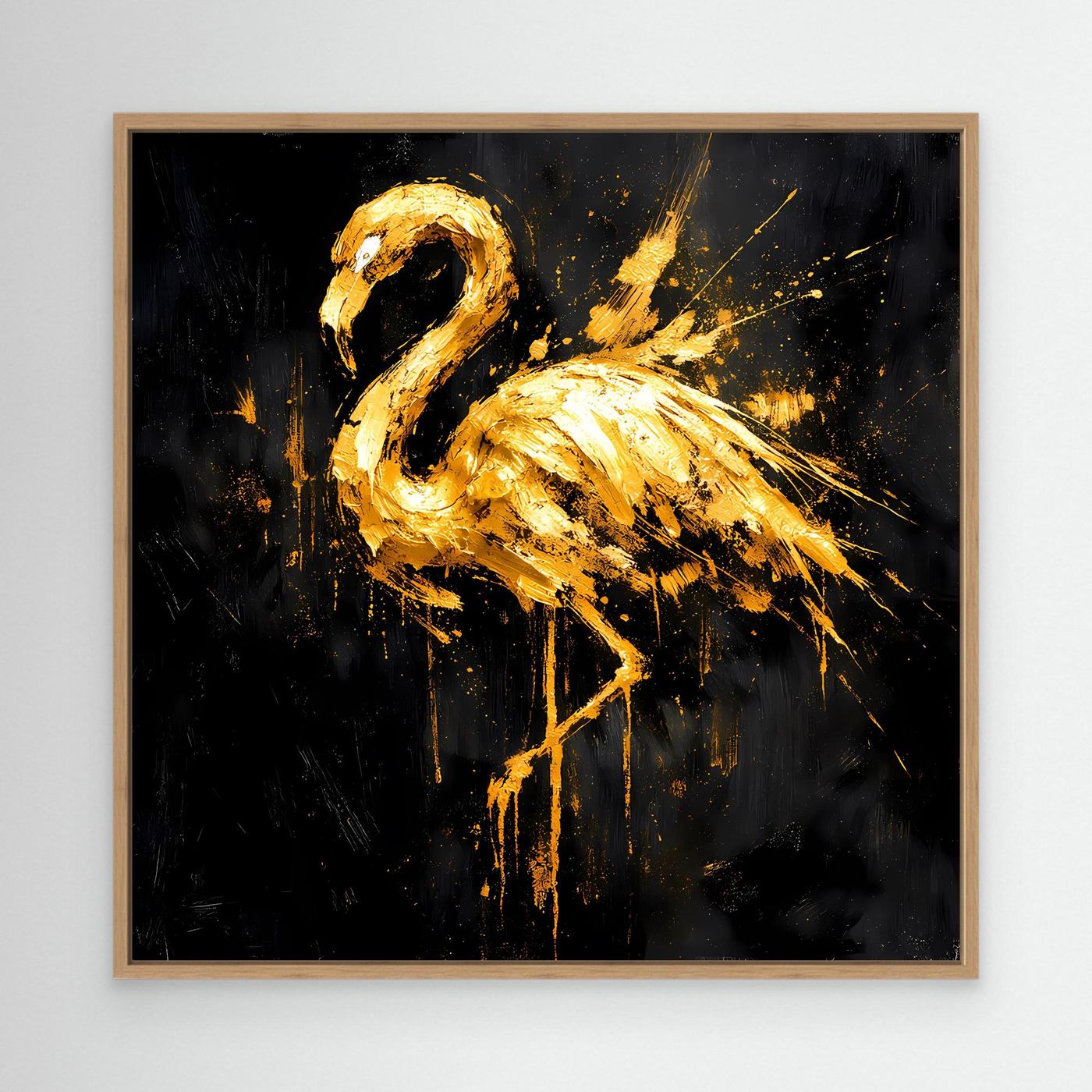 Leinwand Goldener Flamingo auf Schwarz | Abstraktes Modernes Tier Wandbild Kunst